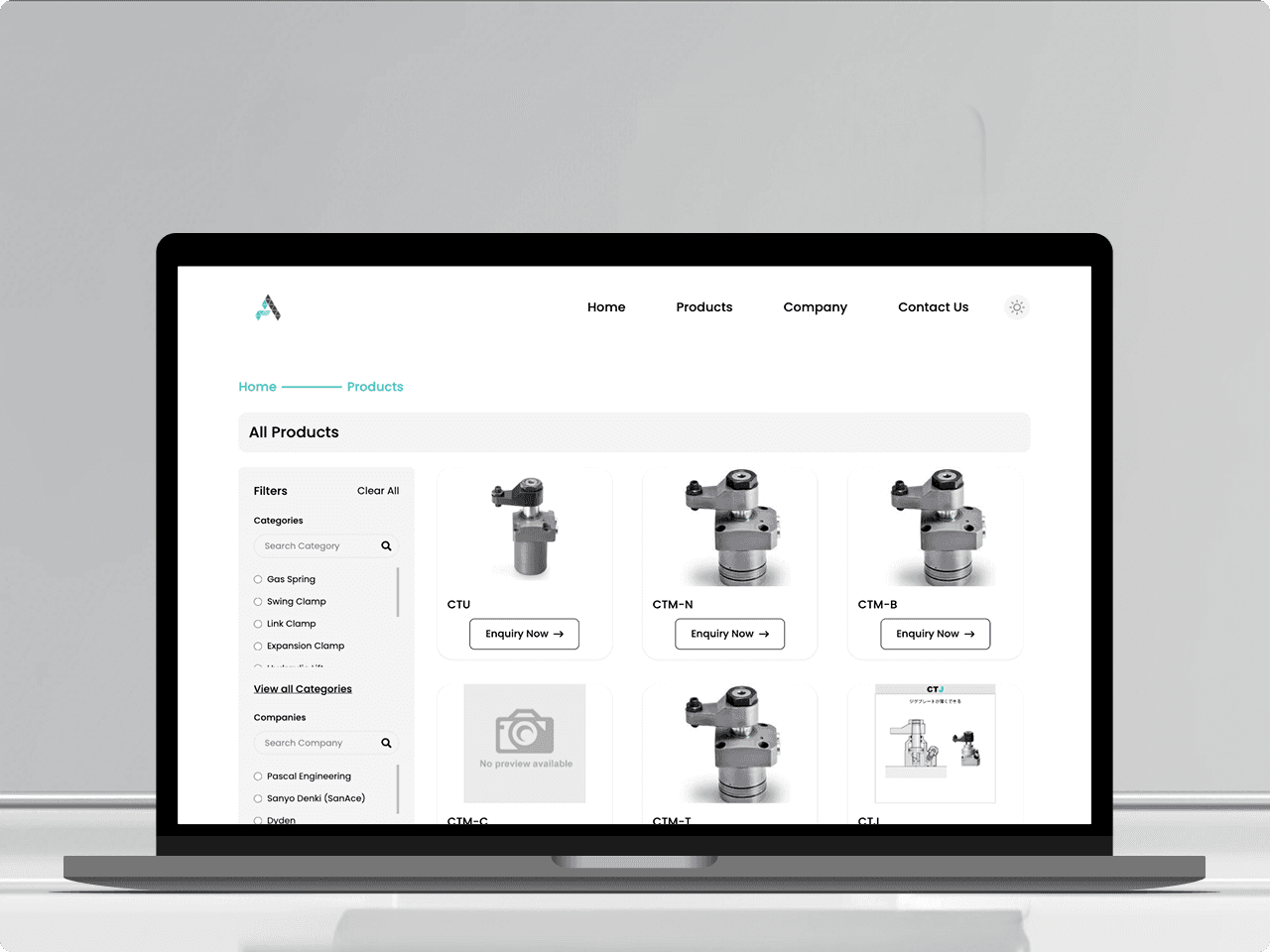 Aerotynes industrial products page displayed on a laptop