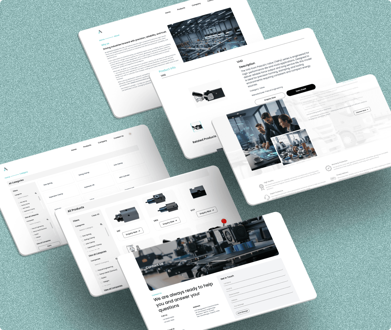 Aerotynes industrial website interfaces displayed as isometric screens
