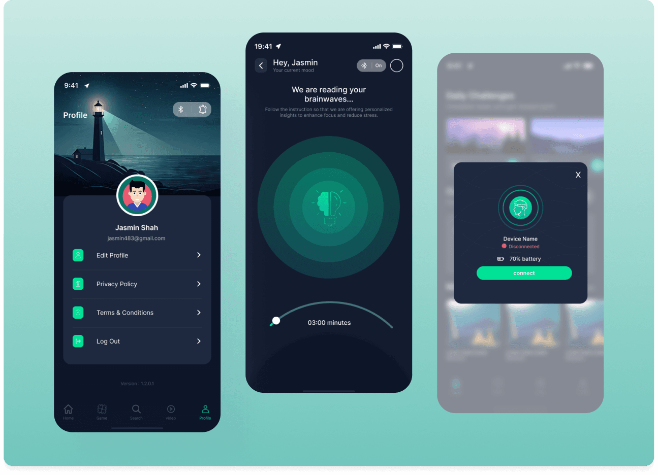 Behaveneu profile, calibration, and device connection screens