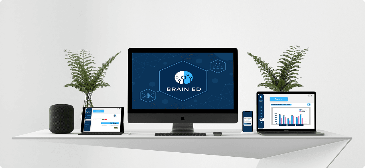 Brain Ed platform displayed across desktop, laptop, tablet, and mobile devices