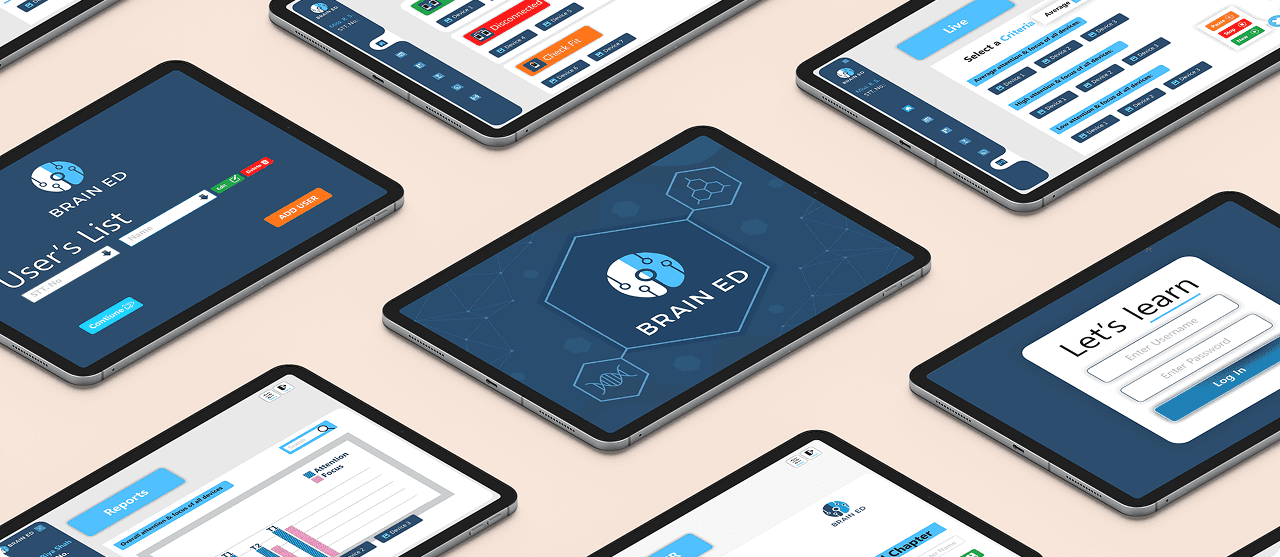 Brain Ed portal screens presented across multiple tablet devices