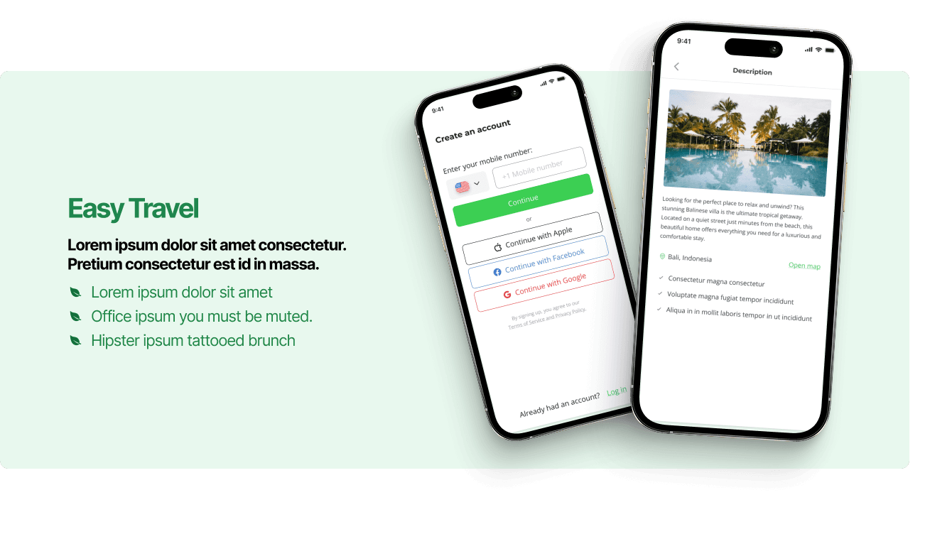 Easy Travel registration and property-detail screens