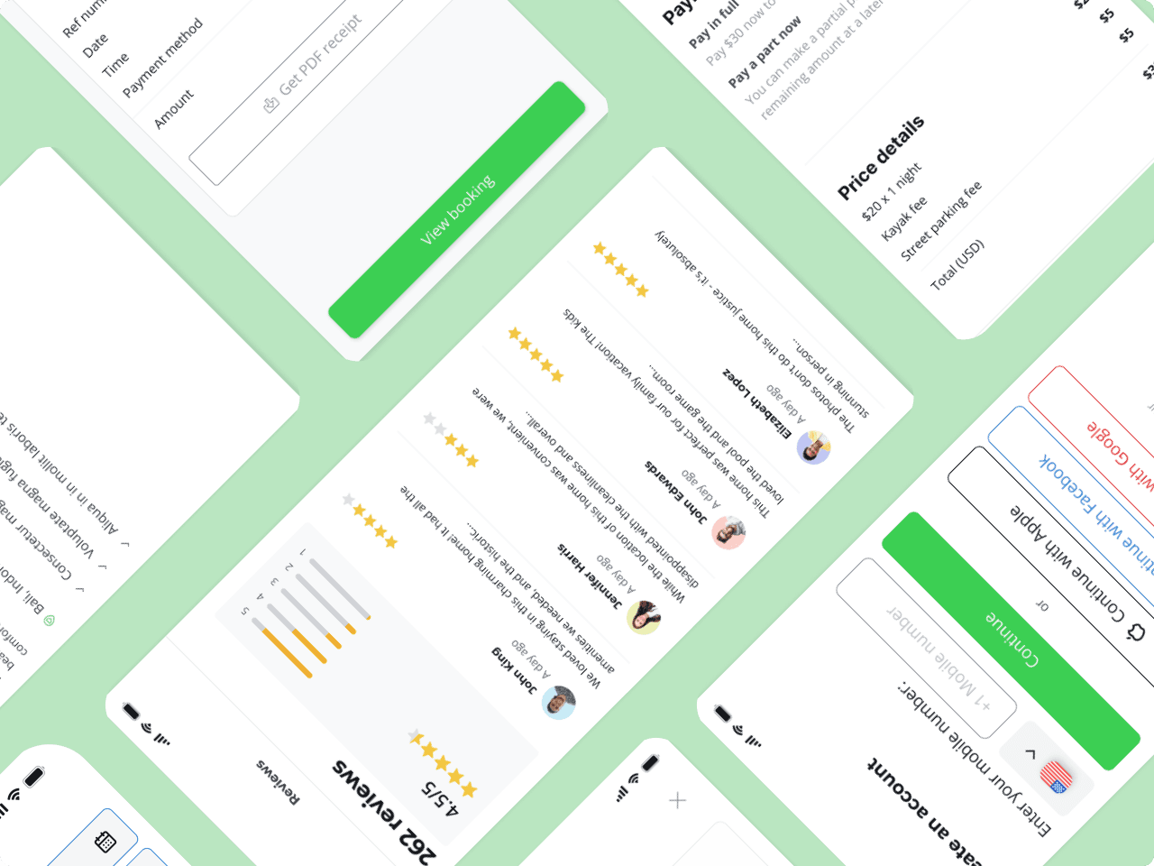 Easy Travel booking, payment, authentication, and review screens