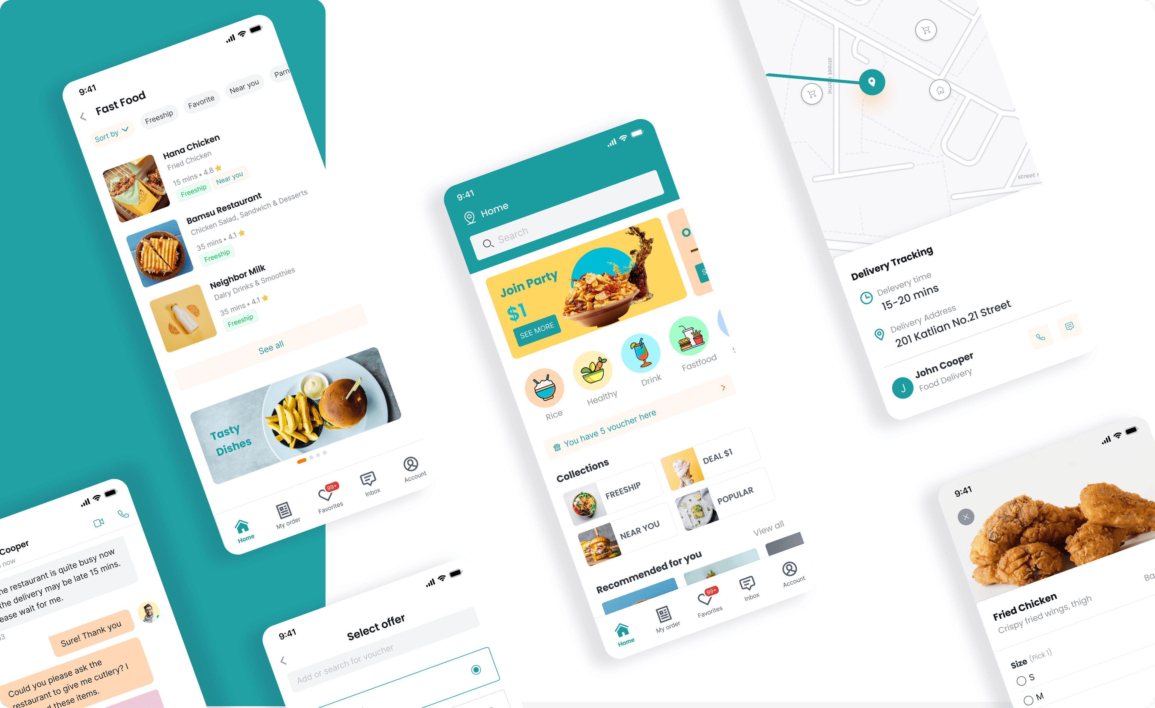 FoodX order review, restaurant search, and driver assignment screens