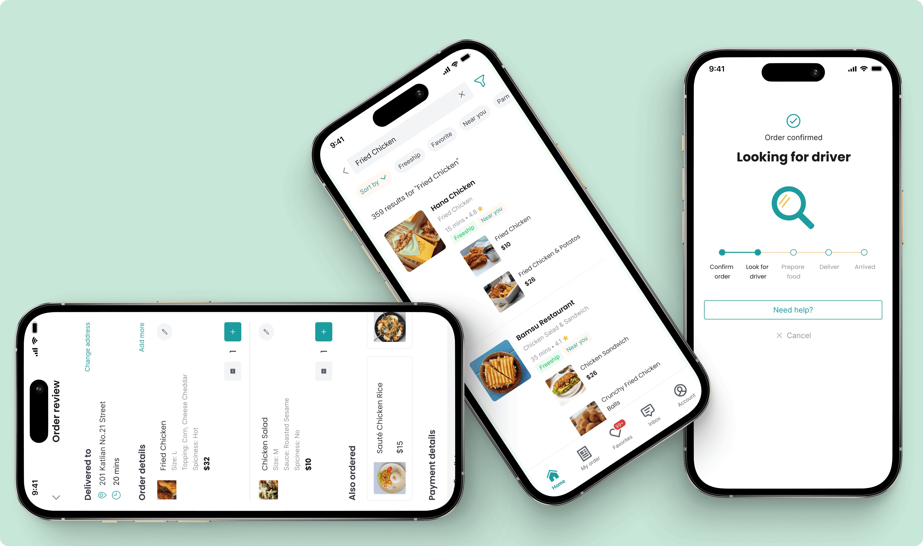 FoodX mobile app screens for fast food search, home discovery, and delivery tracking