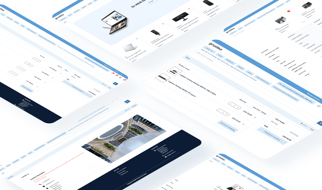 Gruidea ecommerce interfaces displayed as isometric screens