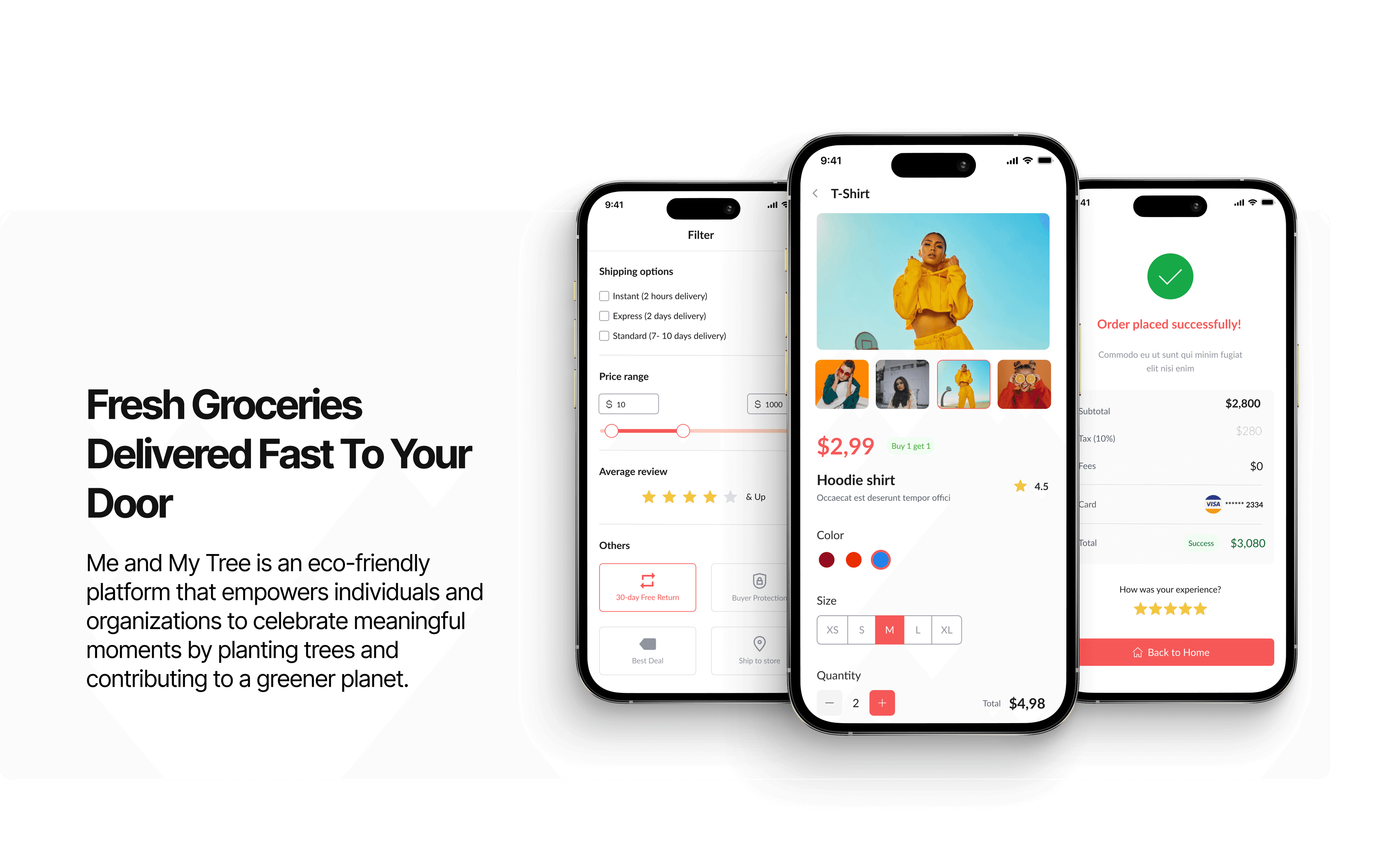 Hexfashion mobile ecommerce product, filter, and order confirmation screens