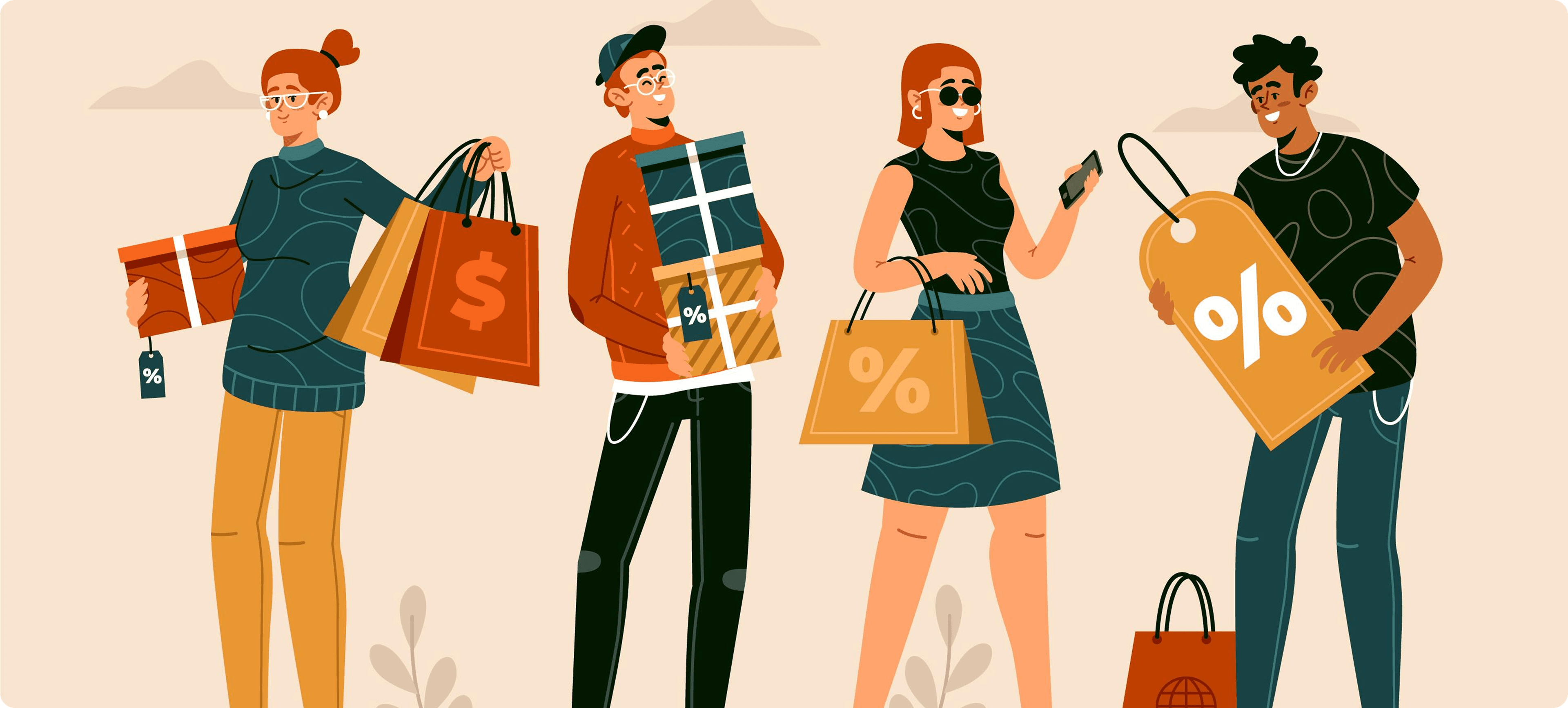 Hexfashion shoppers holding bags and discount tags