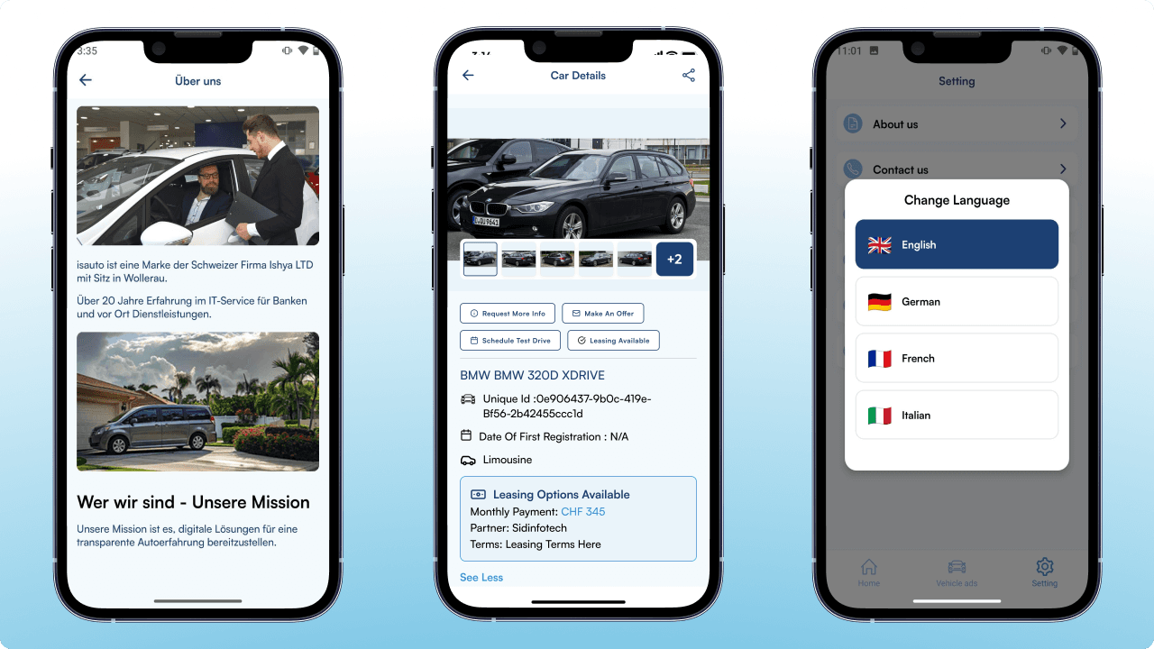 Isauto mobile app screens for company information, vehicle details, and language settings