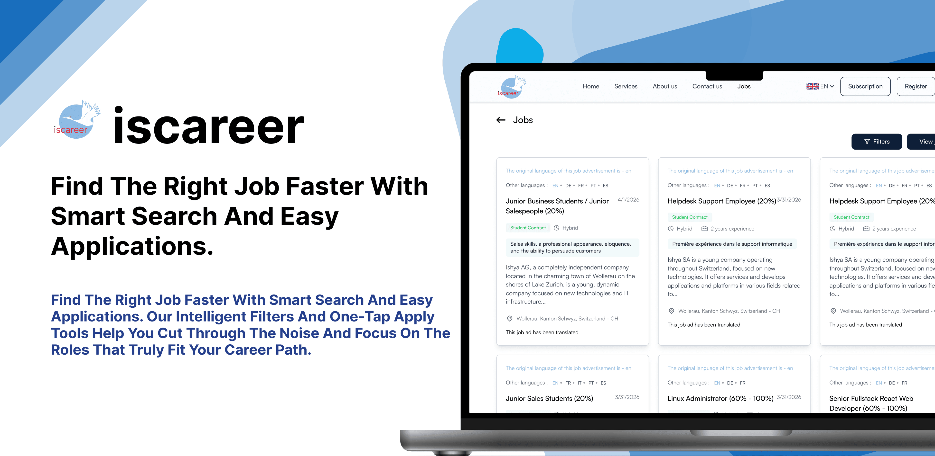 Iscareer job search web platform shown on a laptop