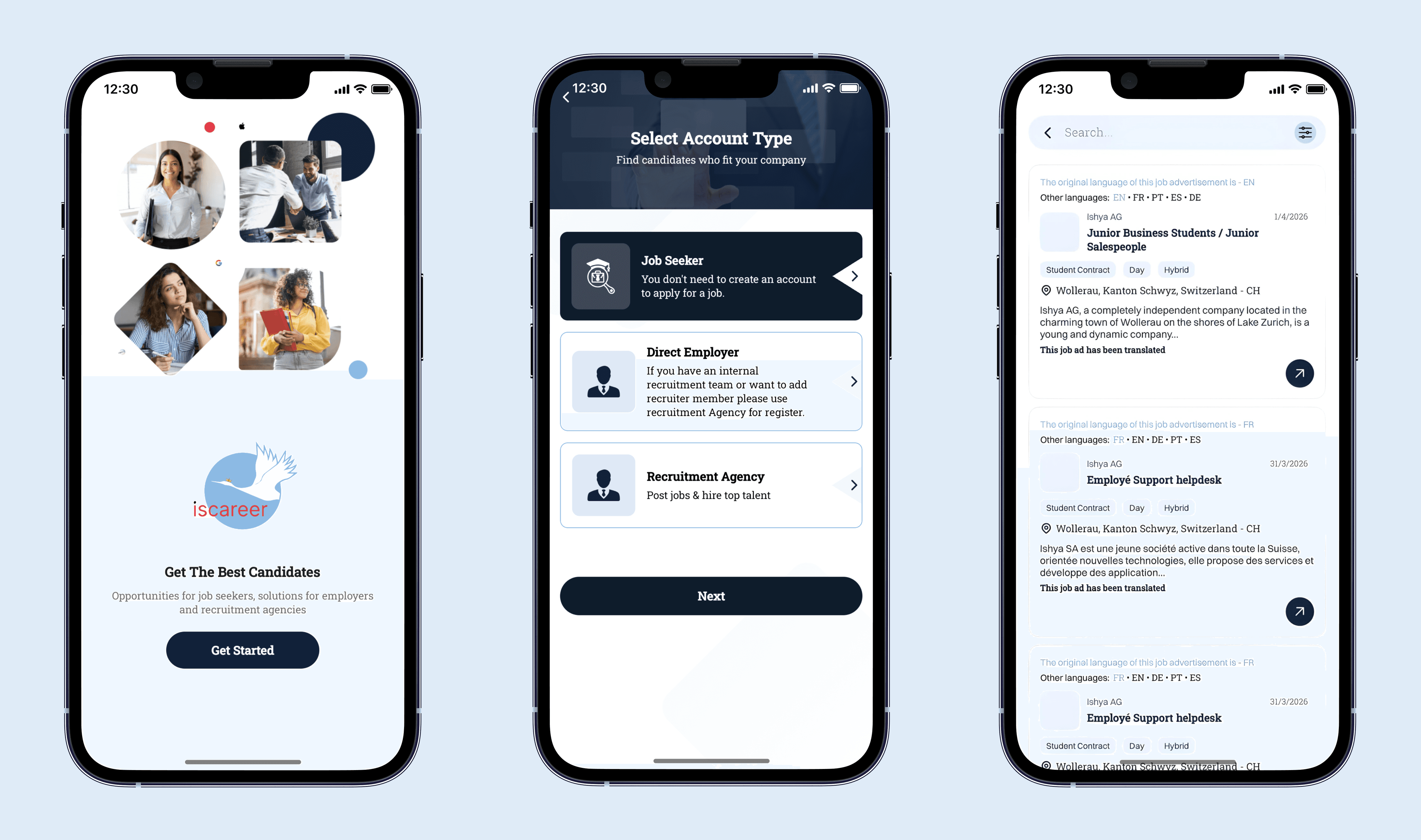 Iscareer mobile onboarding, account selection, and job listing screens