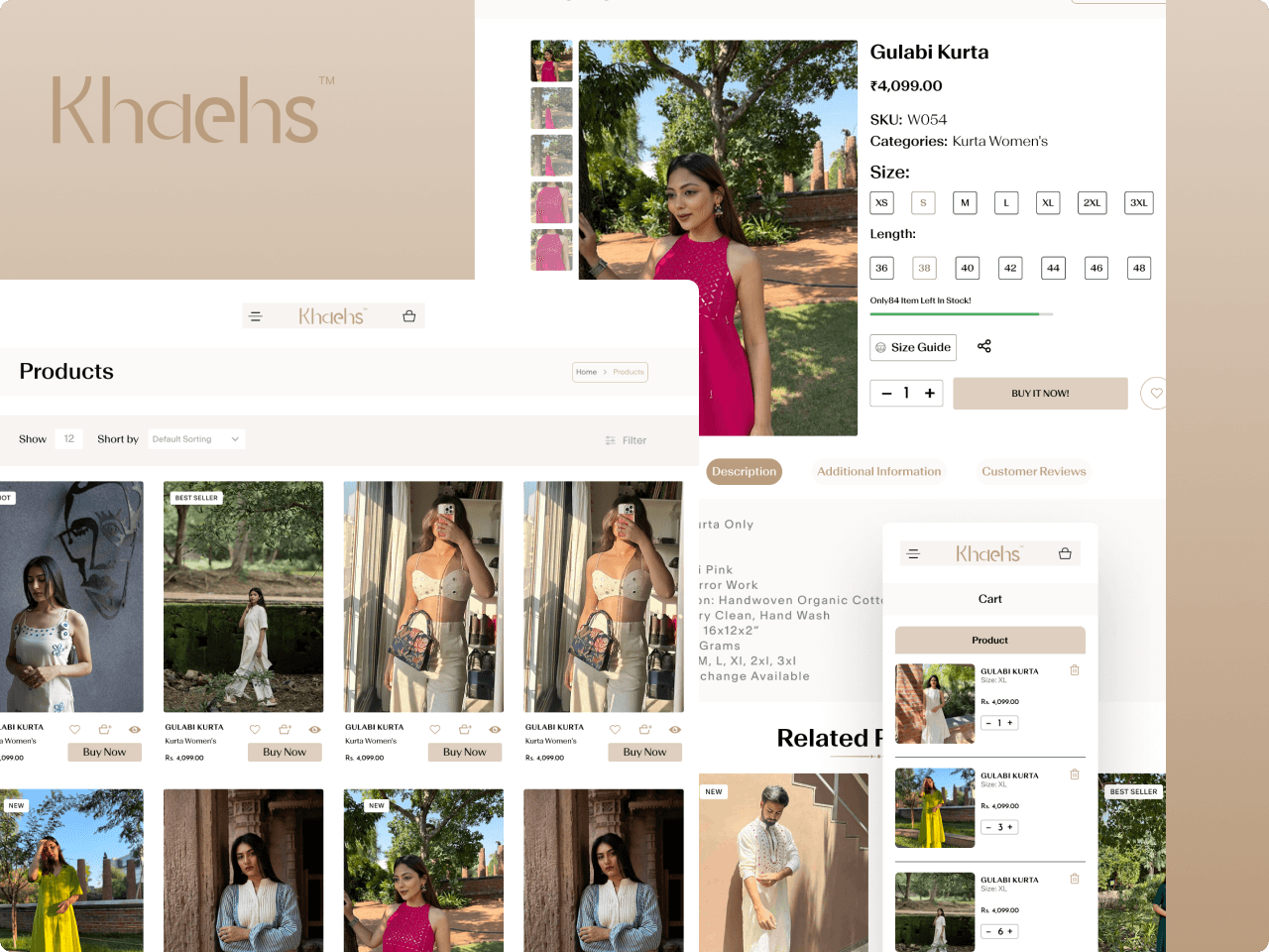 Khaehs product listing, product detail, and cart interfaces