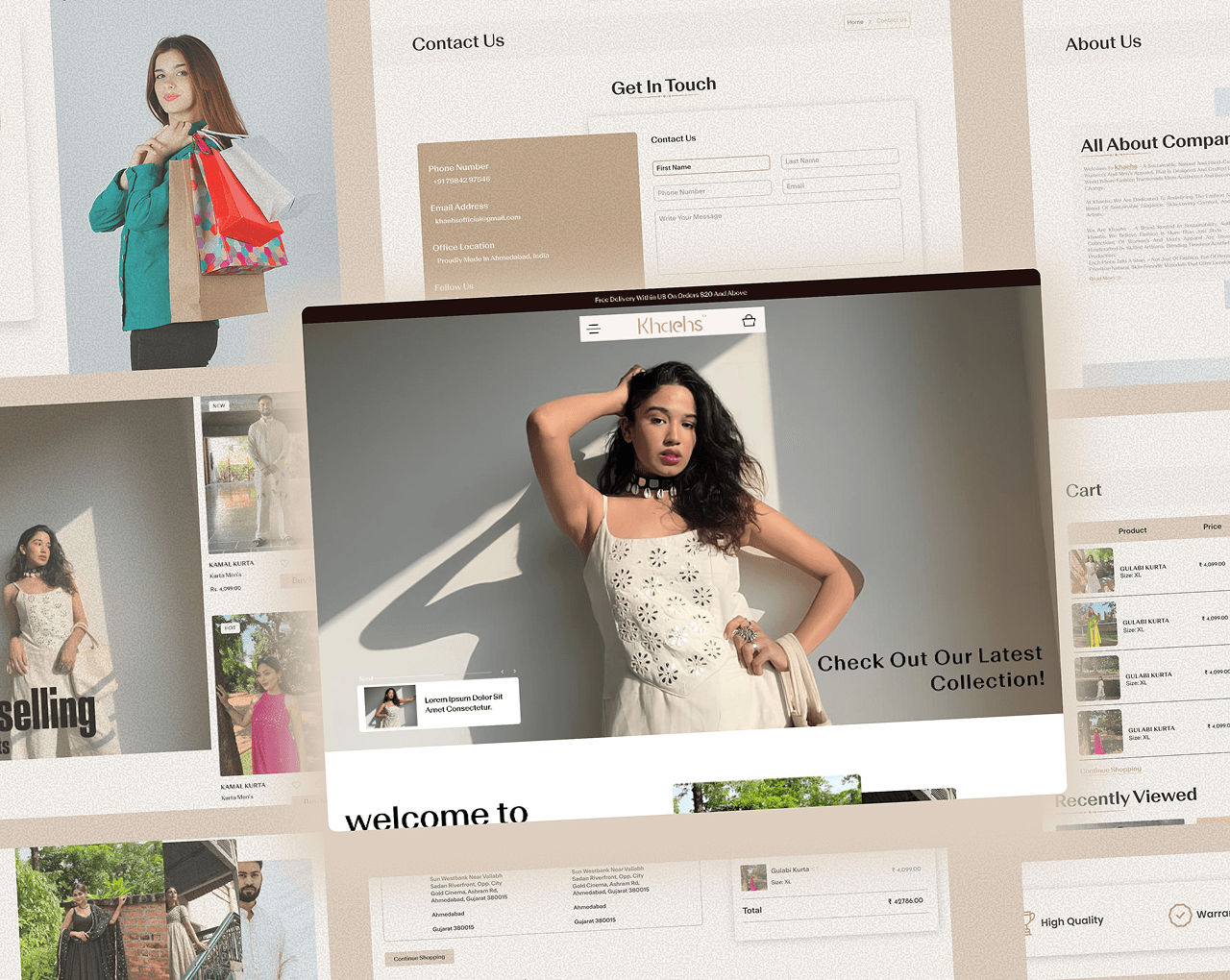 Khaehs fashion storefront, contact, about, cart, and collection screens