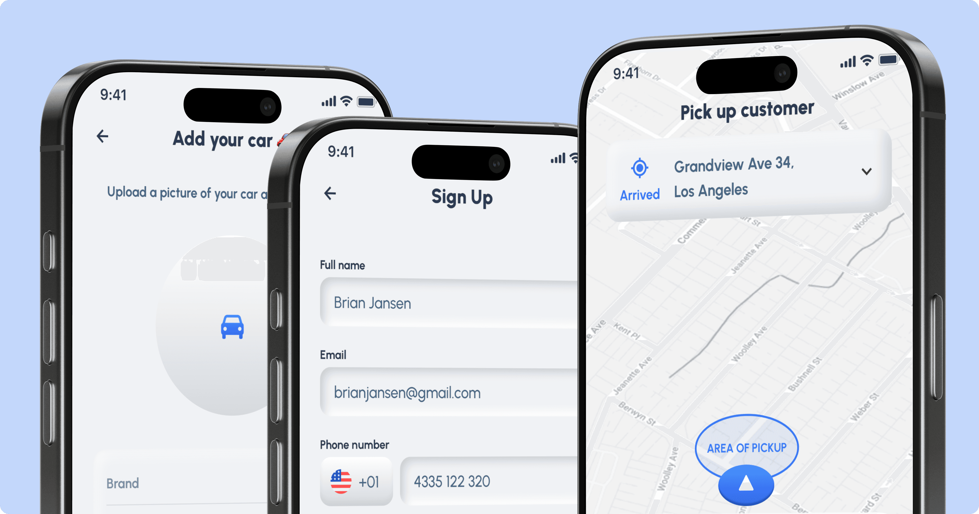 NexRide mobile app onboarding, sign-up, and pickup screens