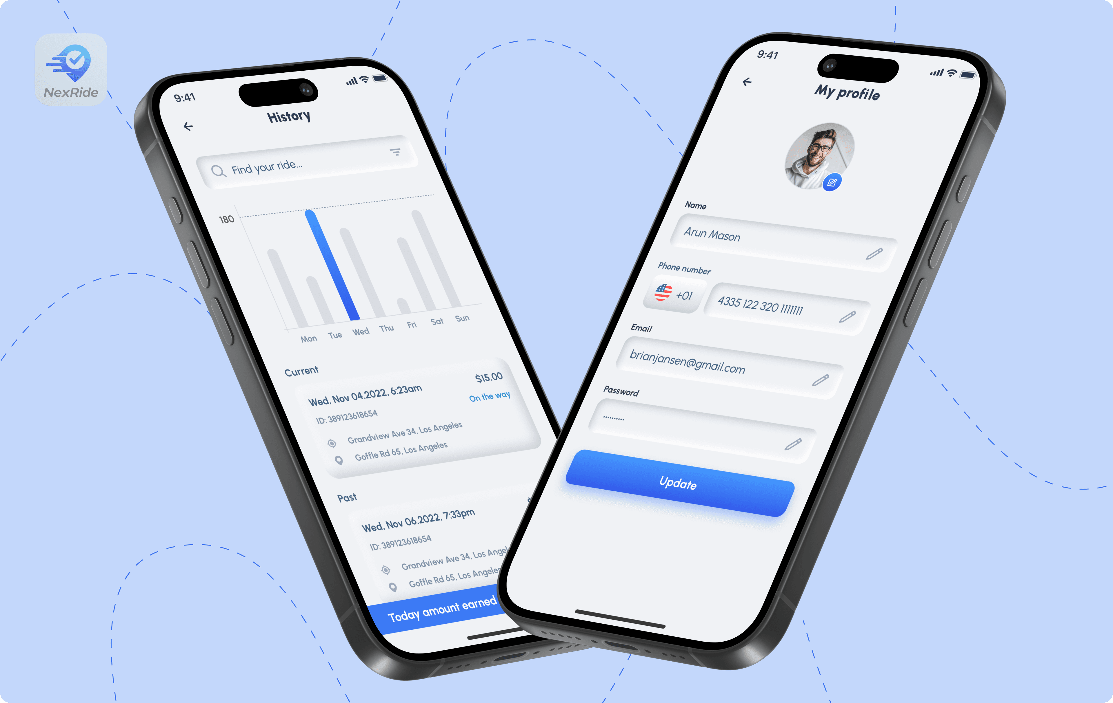 NexRide ride history and profile mobile screens