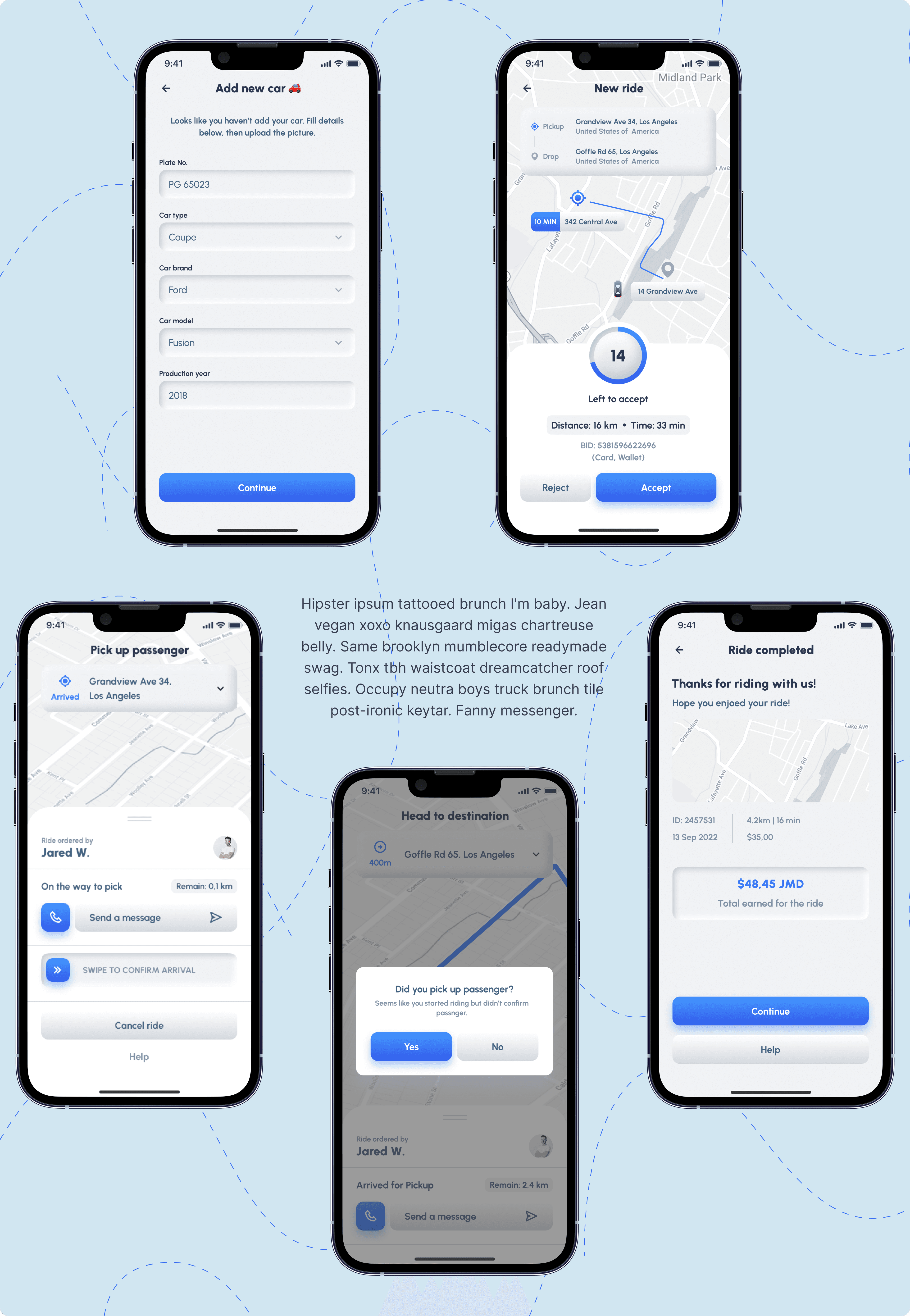 NexRide mobile app screens for car setup, new ride, pickup, confirmation, and completion