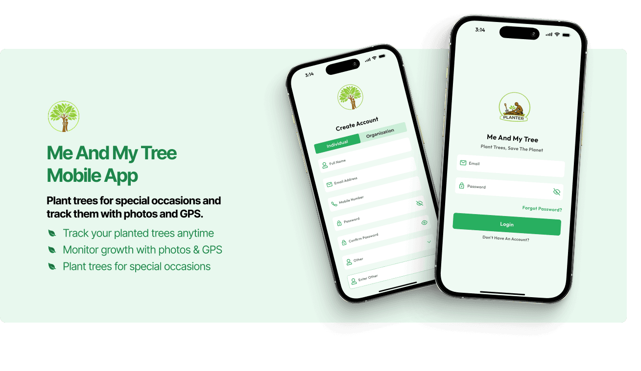 Me And My Tree signup and login app screens