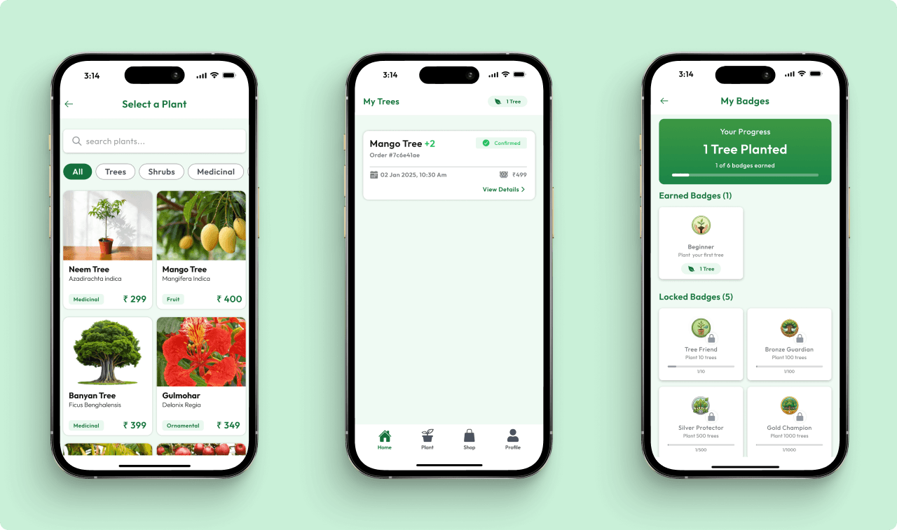Three Me And My Tree app screens on a mint background