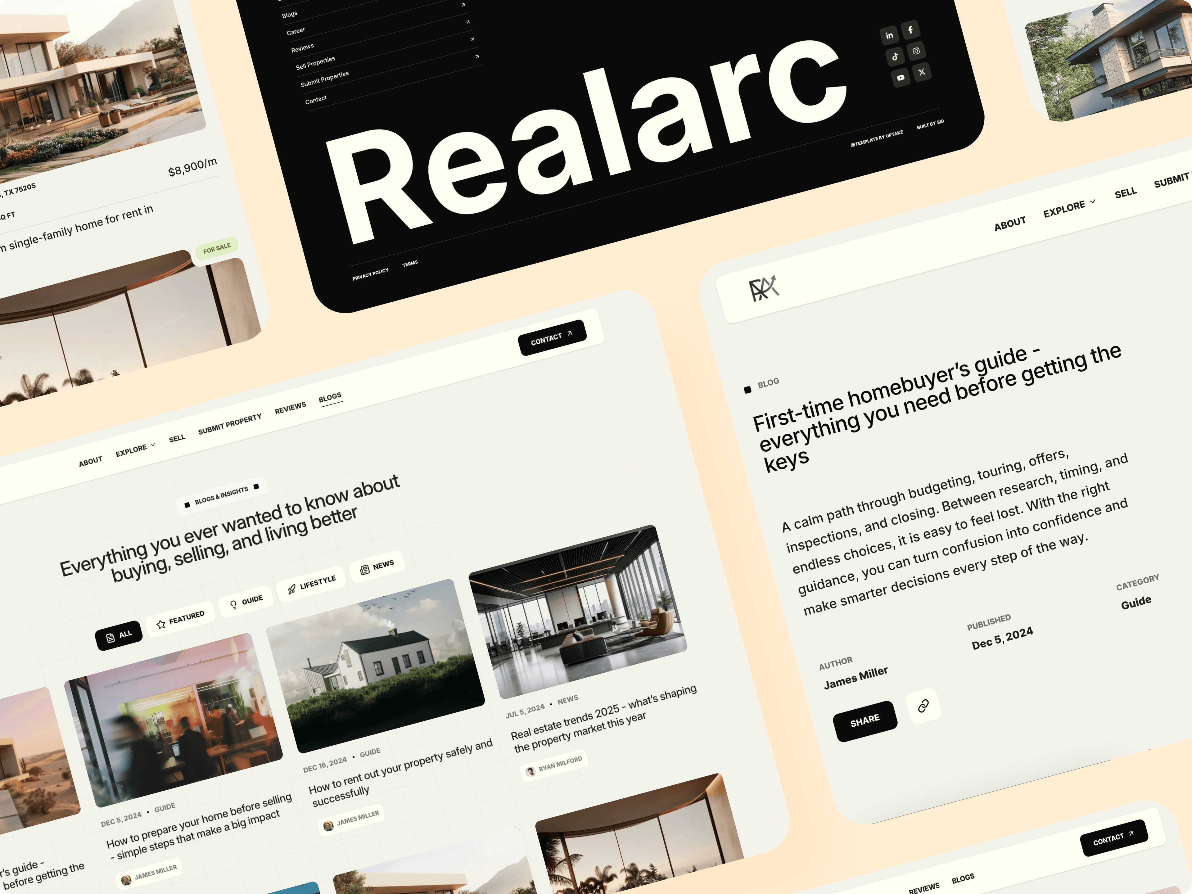 Realarc website screens showing listings, blog, and brand sections