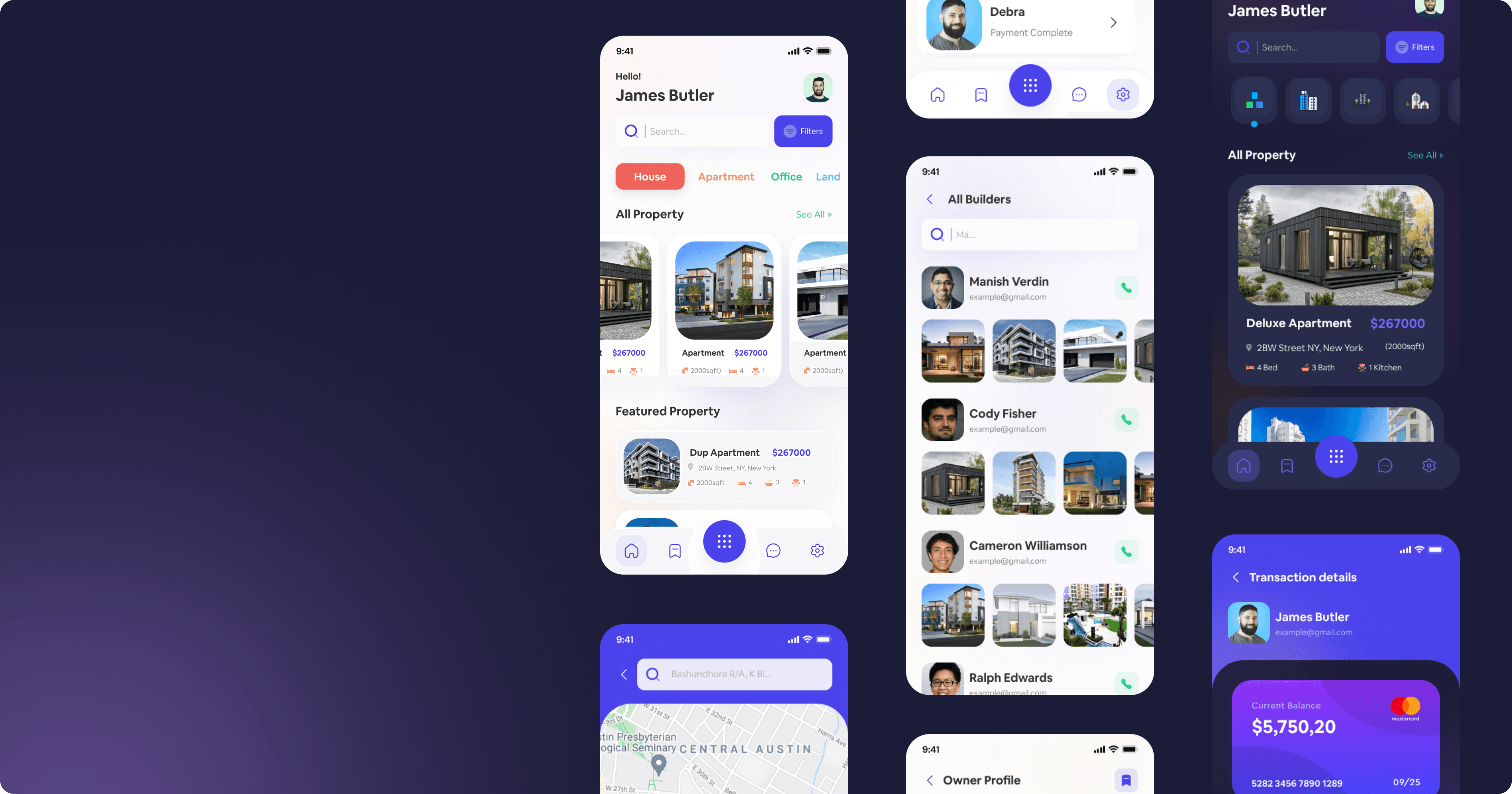 RealVista real-estate mobile app screens and property discovery interface