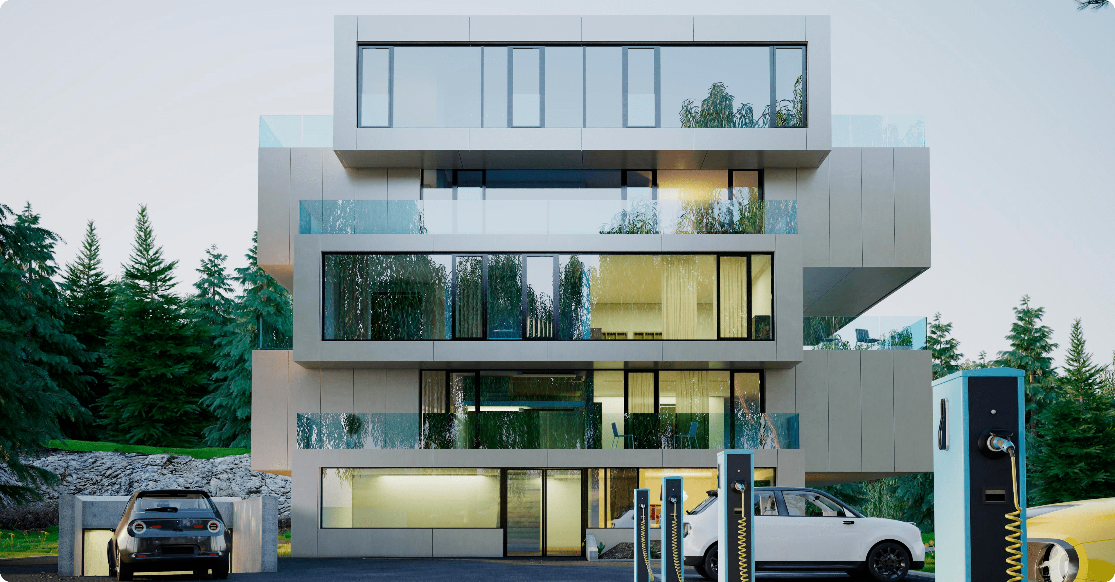 Modern RealVista apartment building with electric vehicle charging