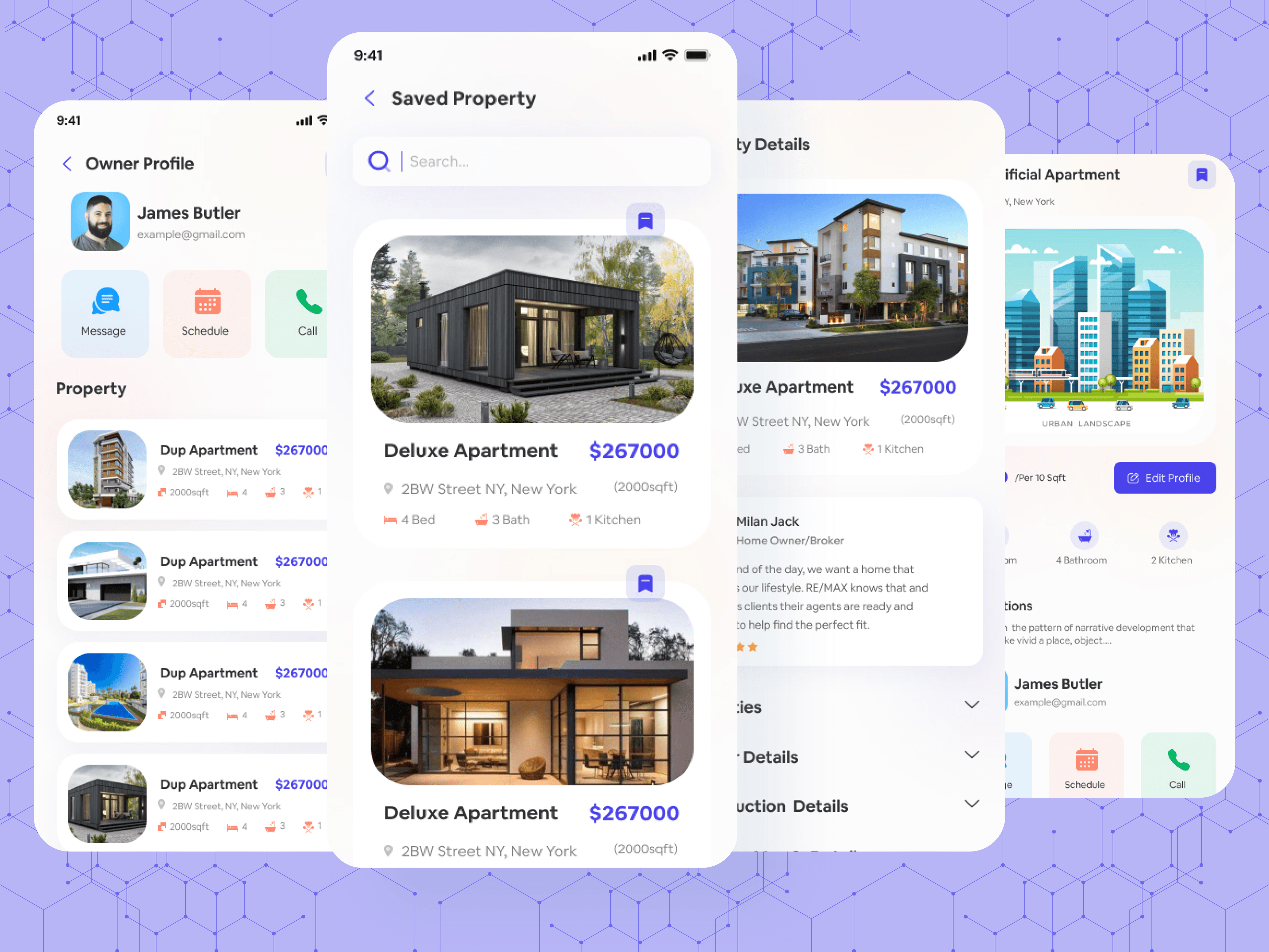 RealVista saved property, property details, and owner profile mobile screens