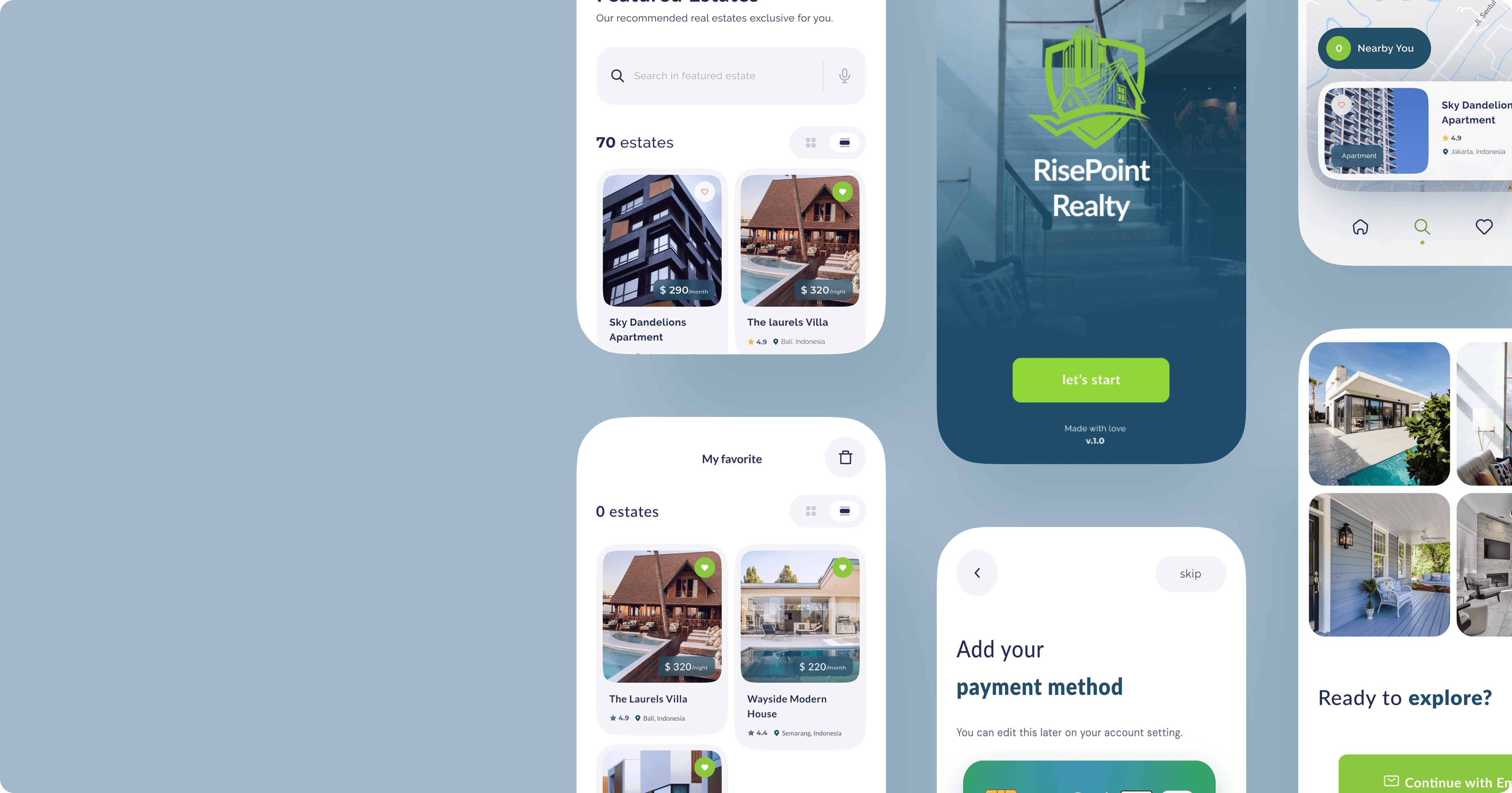 RisePoint Realty mobile real-estate app onboarding, property, and favorites screens