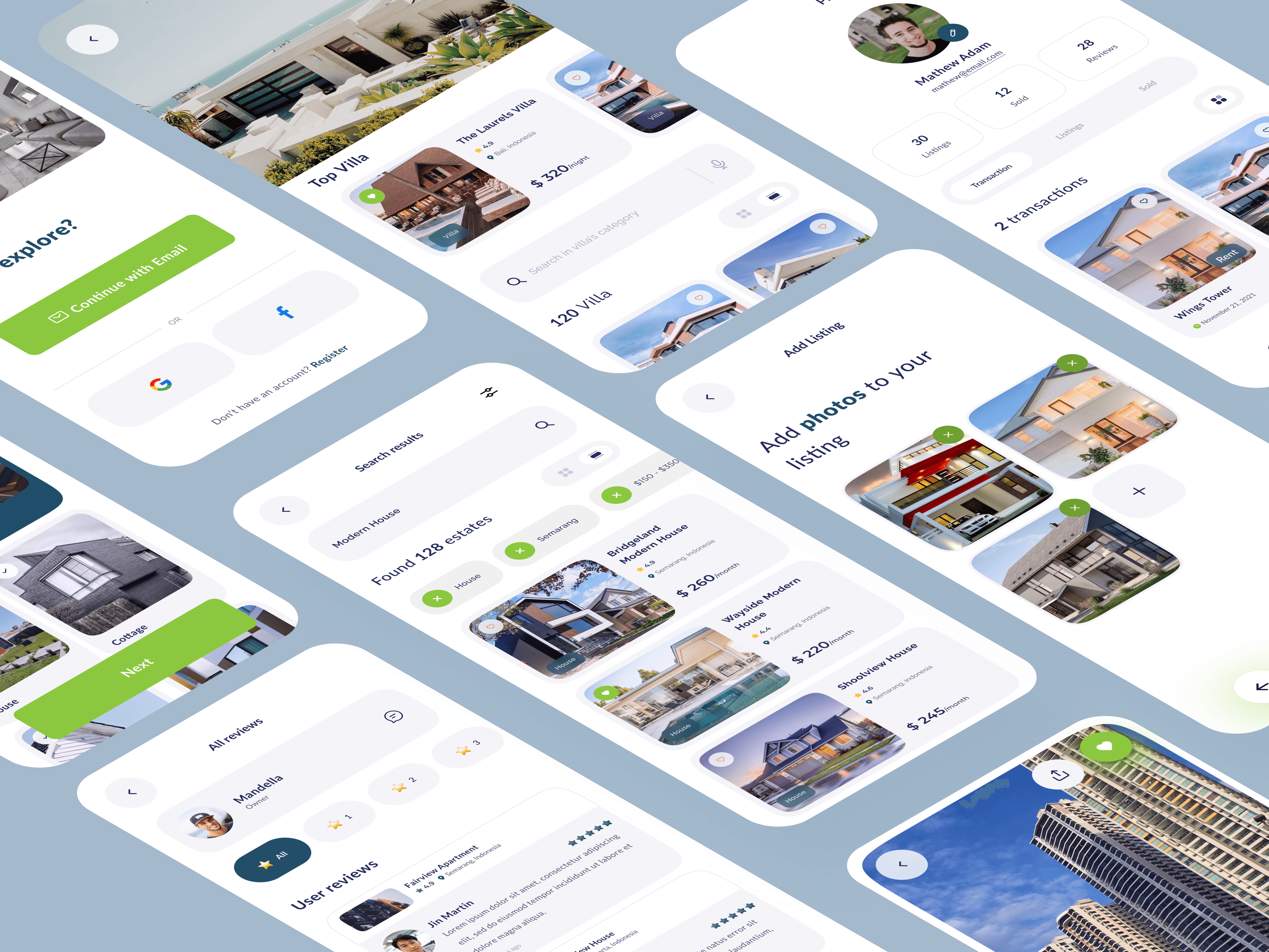 RisePoint Realty mobile app screens showing listings, search, reviews, and transactions