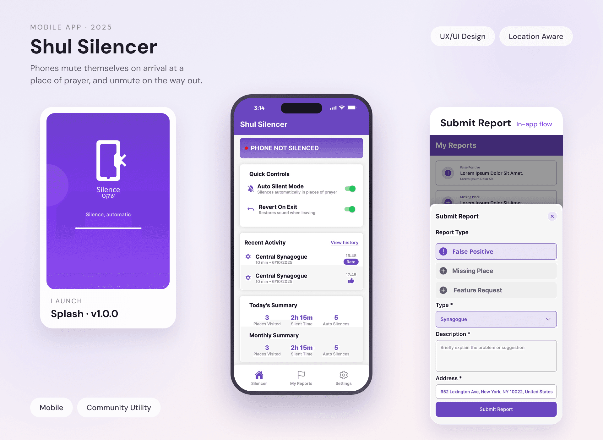 Silence mobile application shown across three phone screens