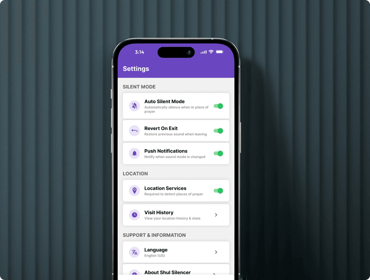 Silence mobile application settings screen