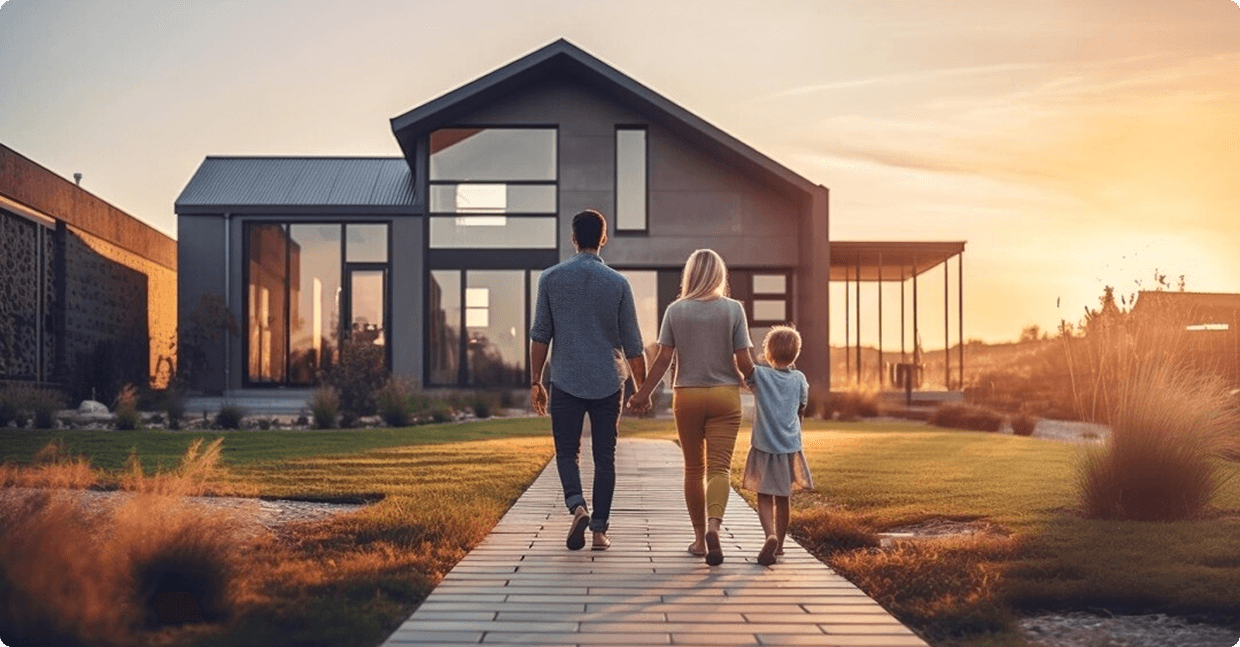 Family approaching a modern home at sunset
