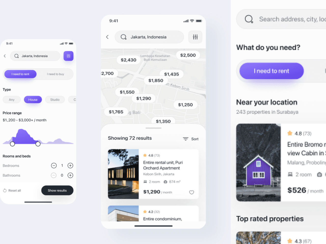 Tenant filters, map results, and nearby property screens