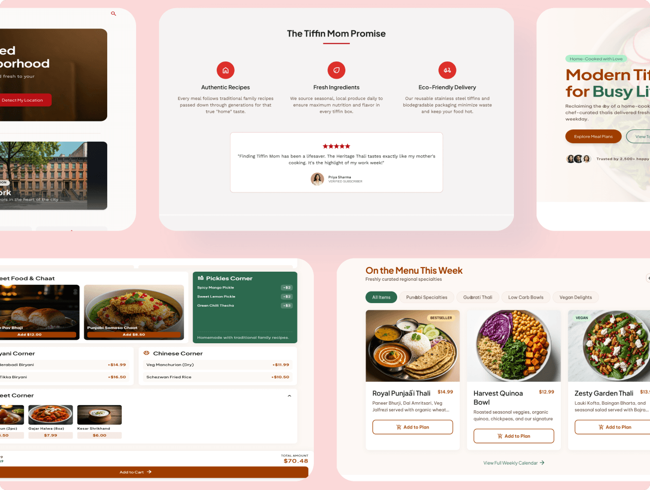 Tiffin Mom meal plans, weekly menu, delivery, and brand promise screens