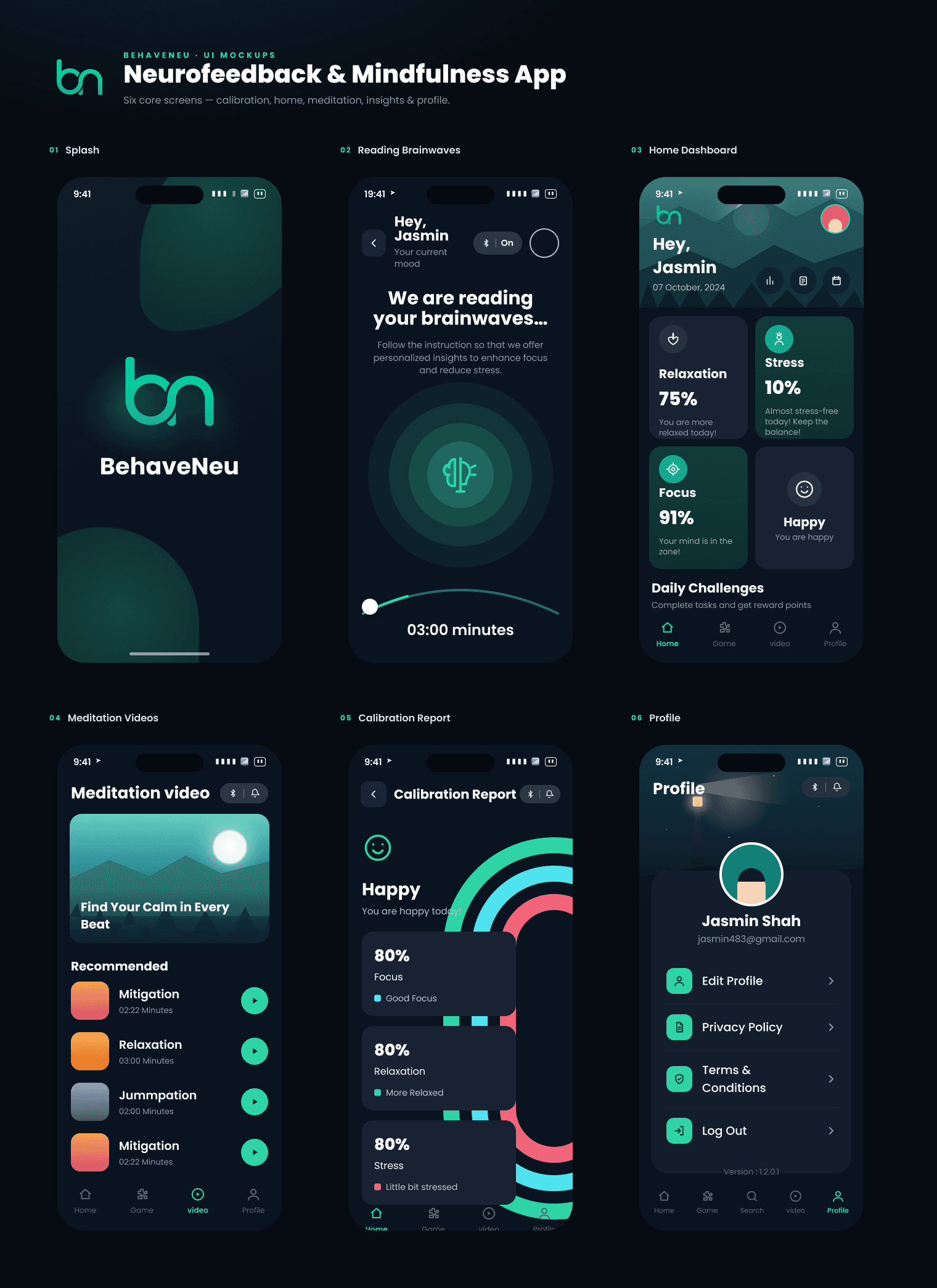 Behaveneu profile, calibration, and device connection screens