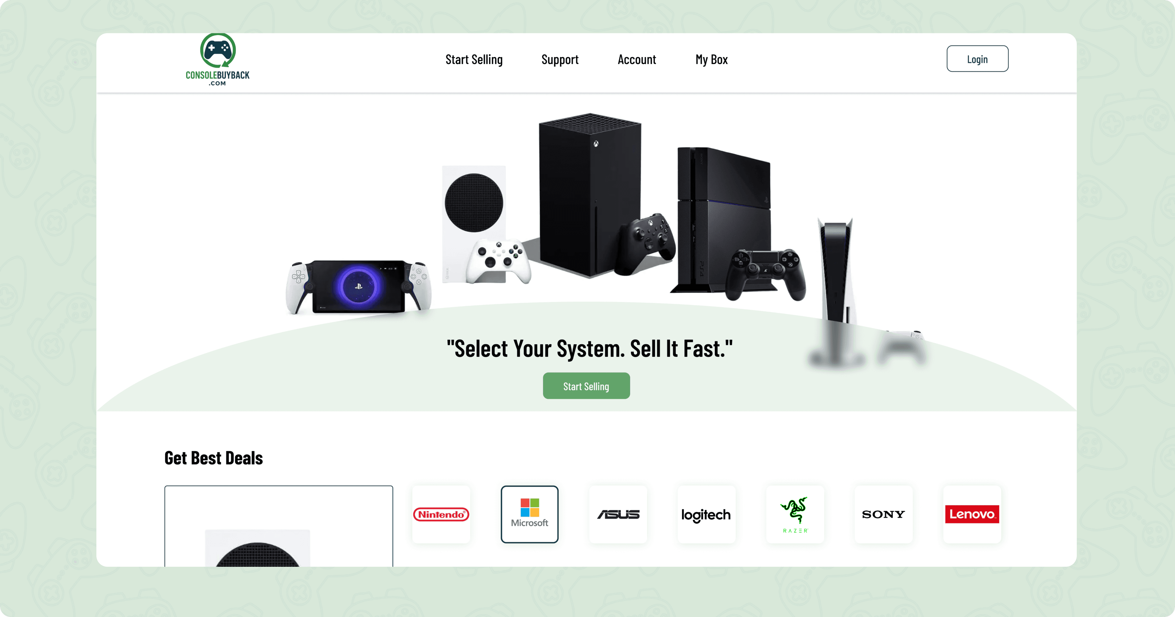 ConsoleBuyback website homepage with gaming console hero and brand options