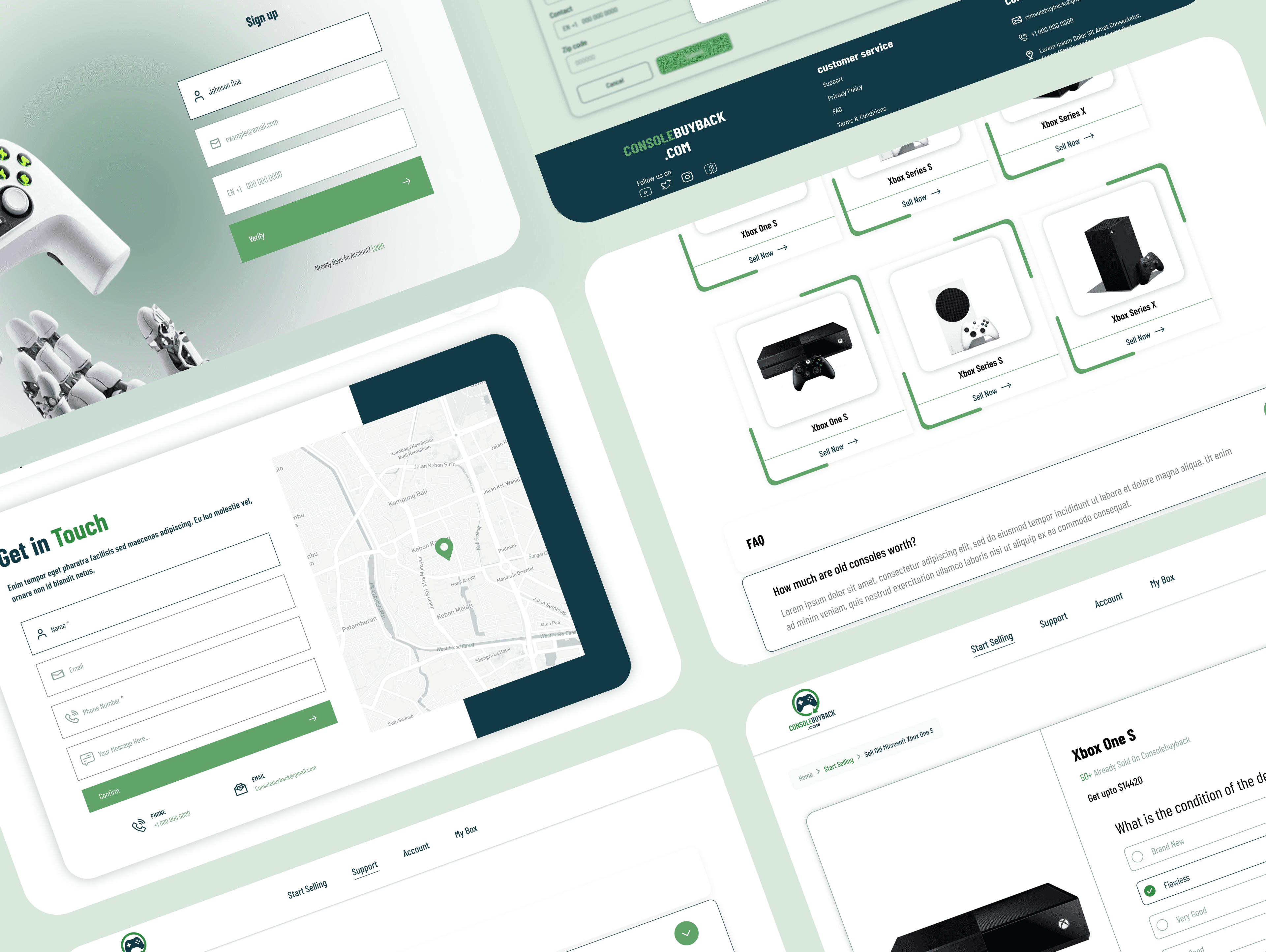 ConsoleBuyback web screens for sign up, product cards, FAQ, contact, and console selling