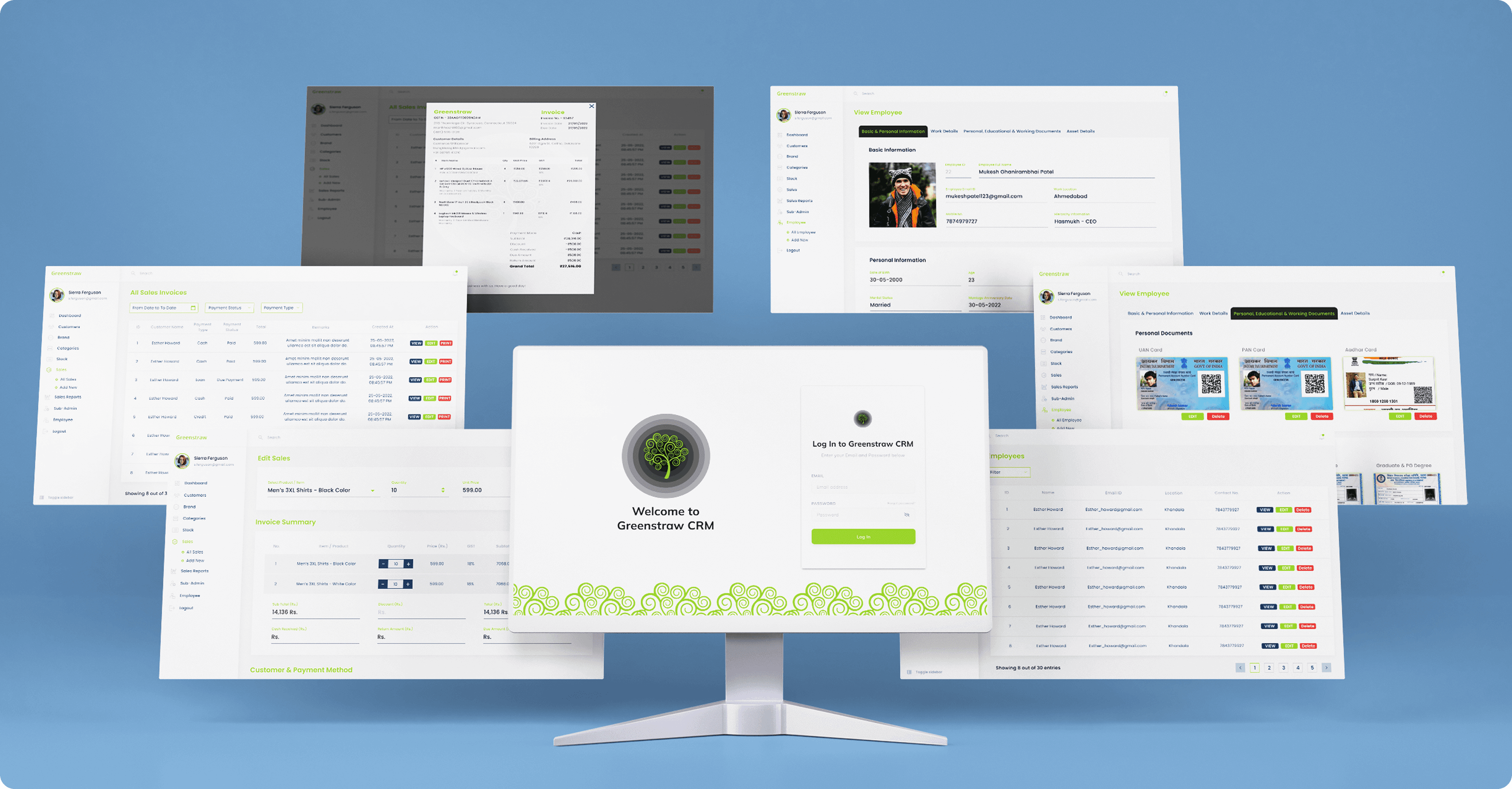 Greenstraw CRM shown across monitor and floating admin screens