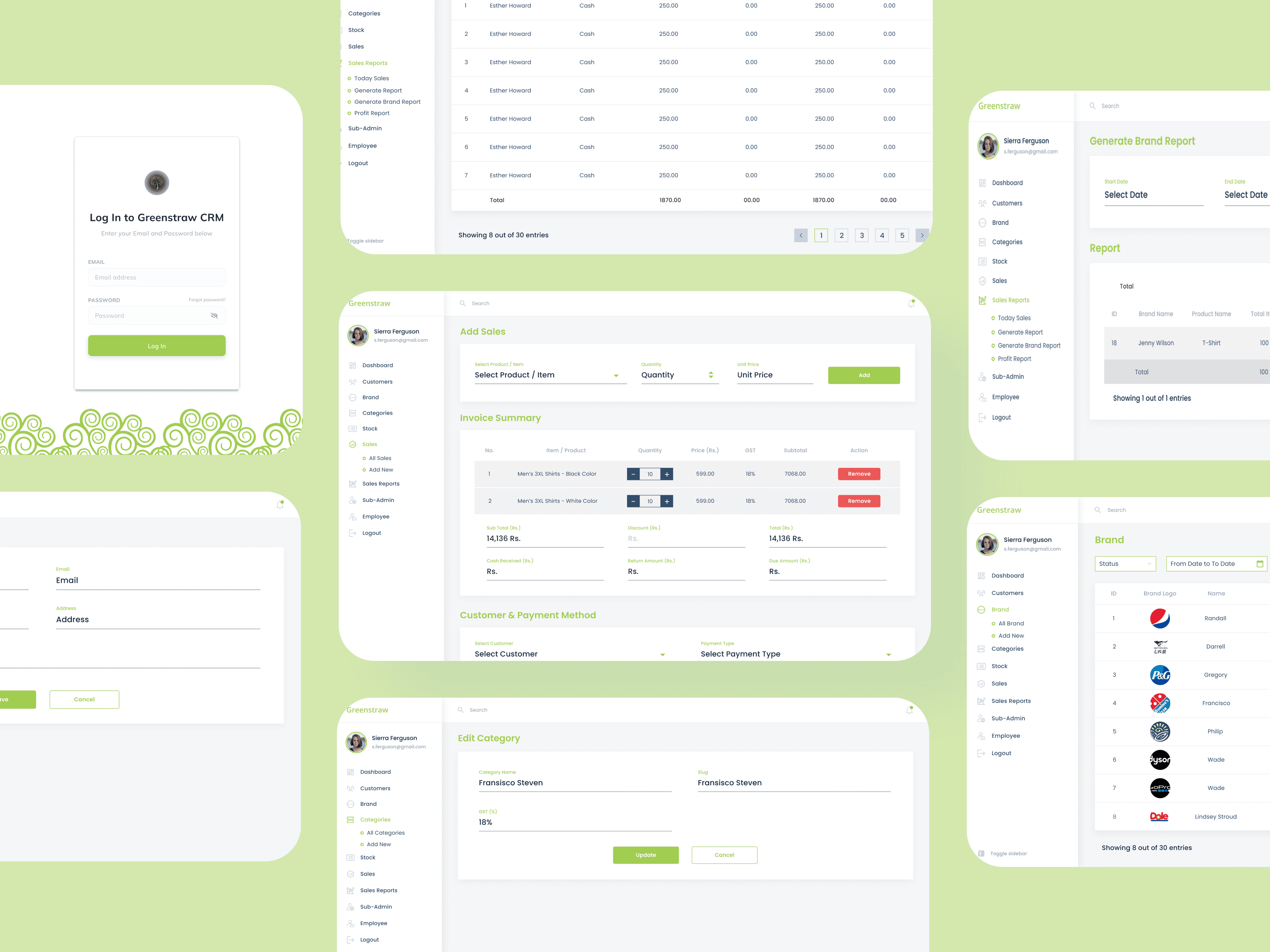Greenstraw CRM screens collage showing login, sales, brand, reports, and category pages