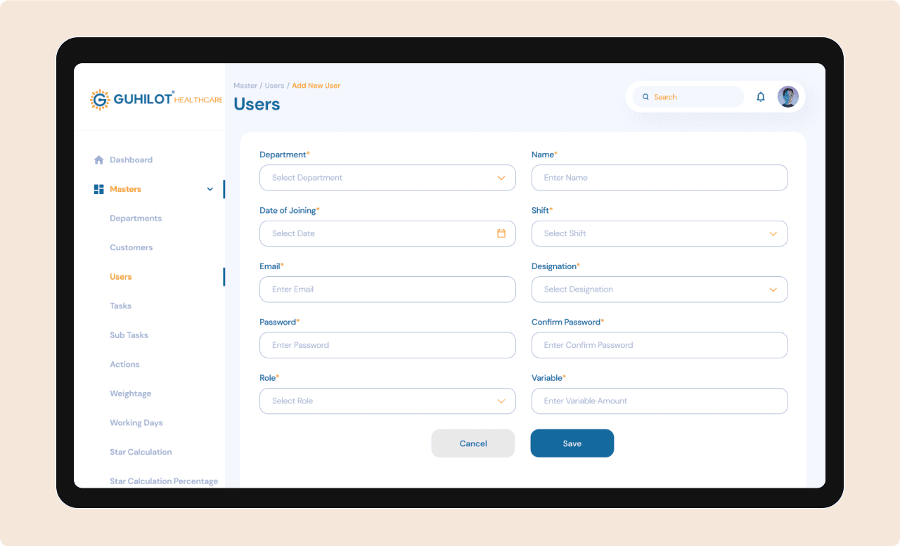 Guhilot Healthcare add-user interface displayed inside a laptop