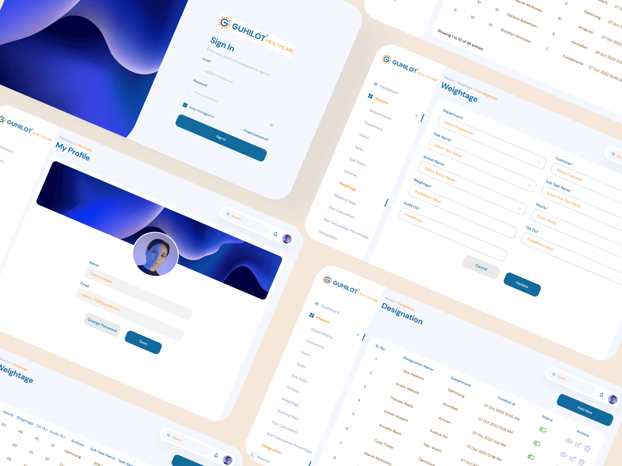 Collection of Guhilot Healthcare dashboard, profile, and administration screens