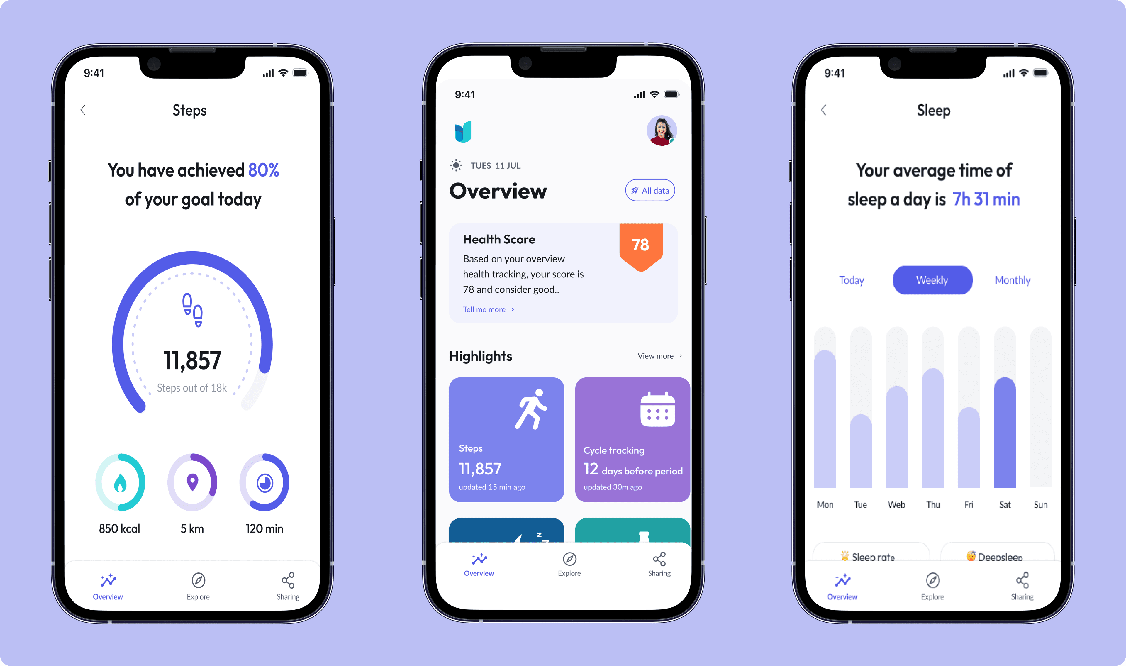 Health Care mobile app overview, steps, and sleep tracking screens