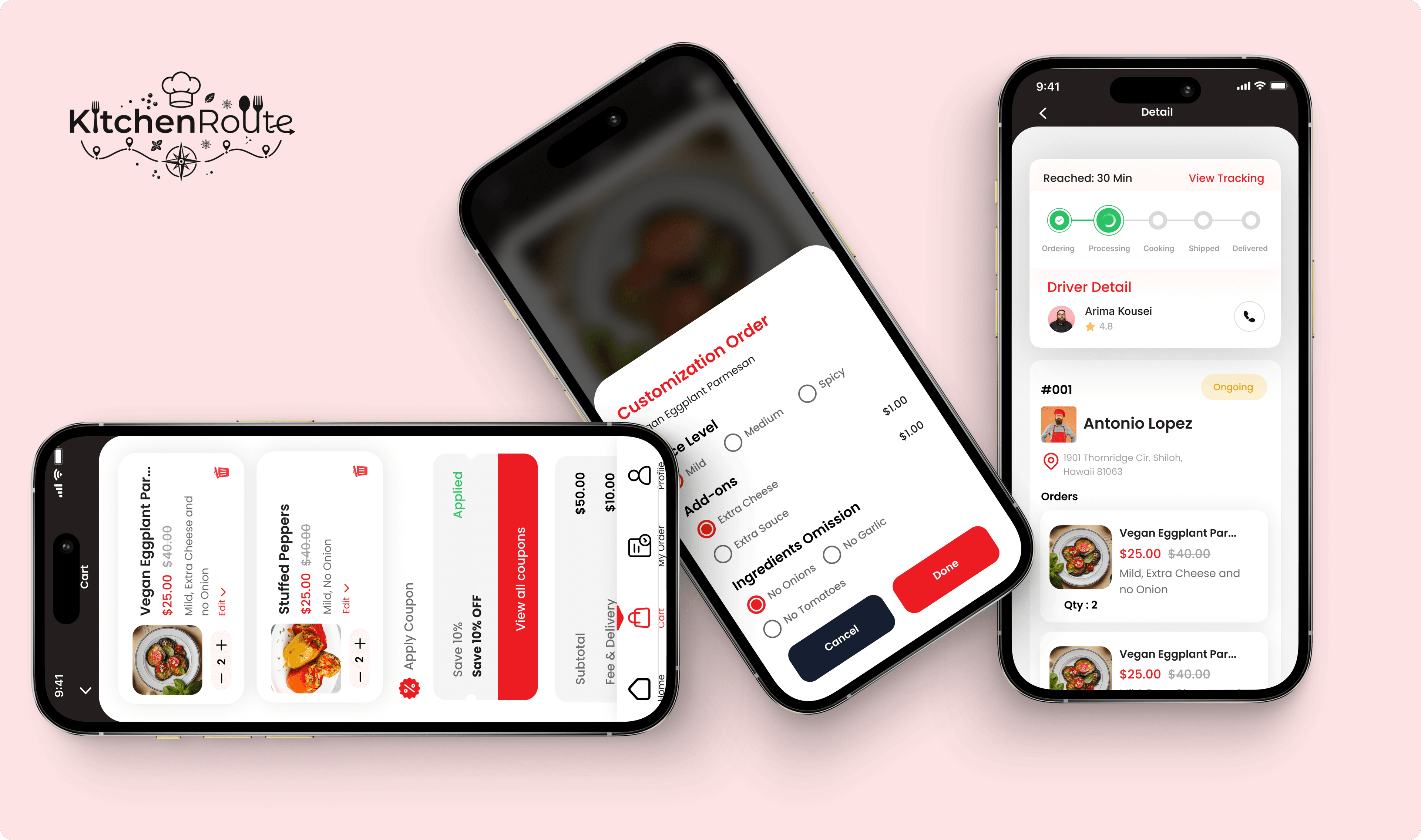 Kitchen Route cart, customization, and order tracking mobile screens