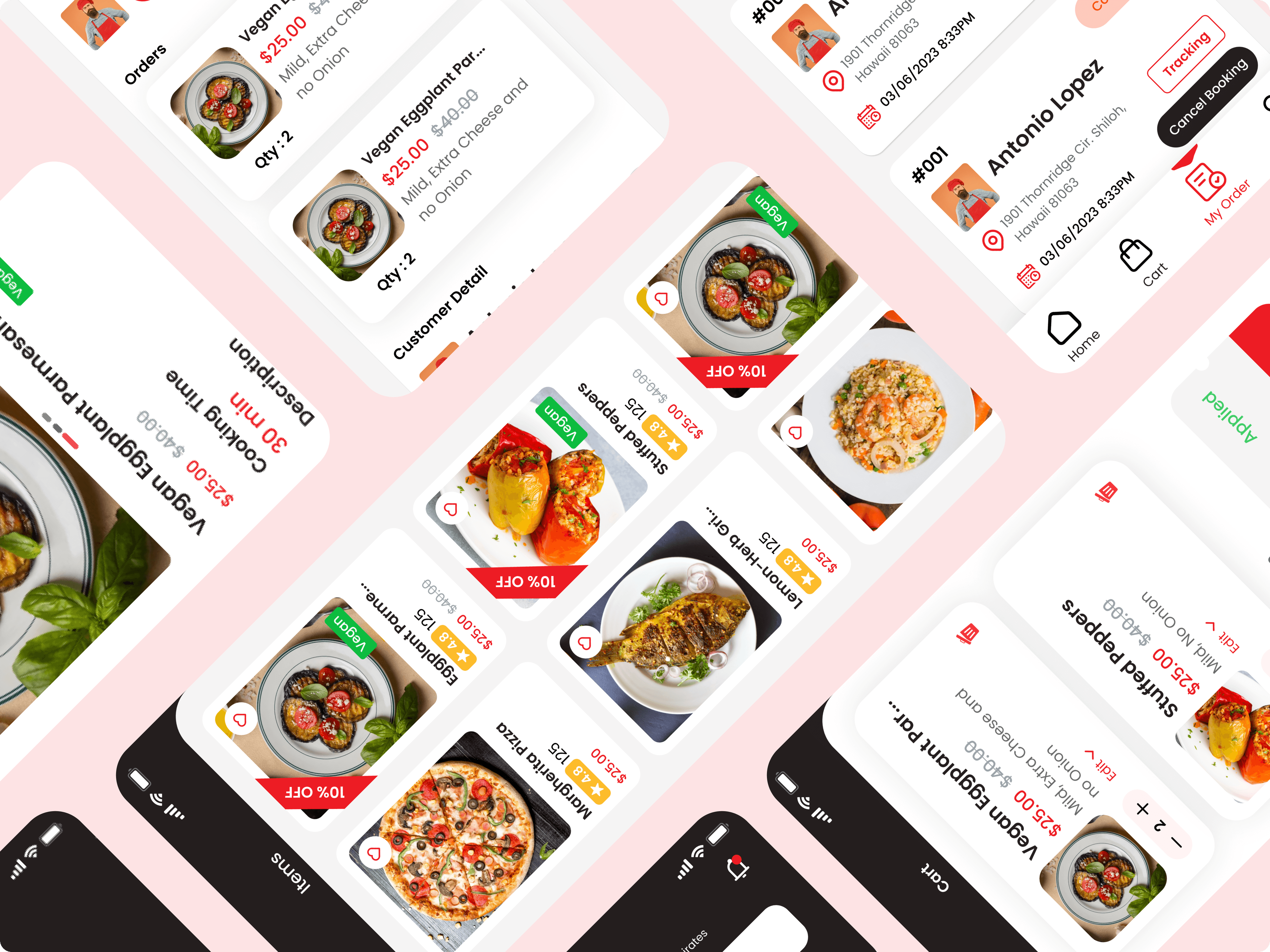 Kitchen Route mobile app food cards, order screens, and cart interface collage
