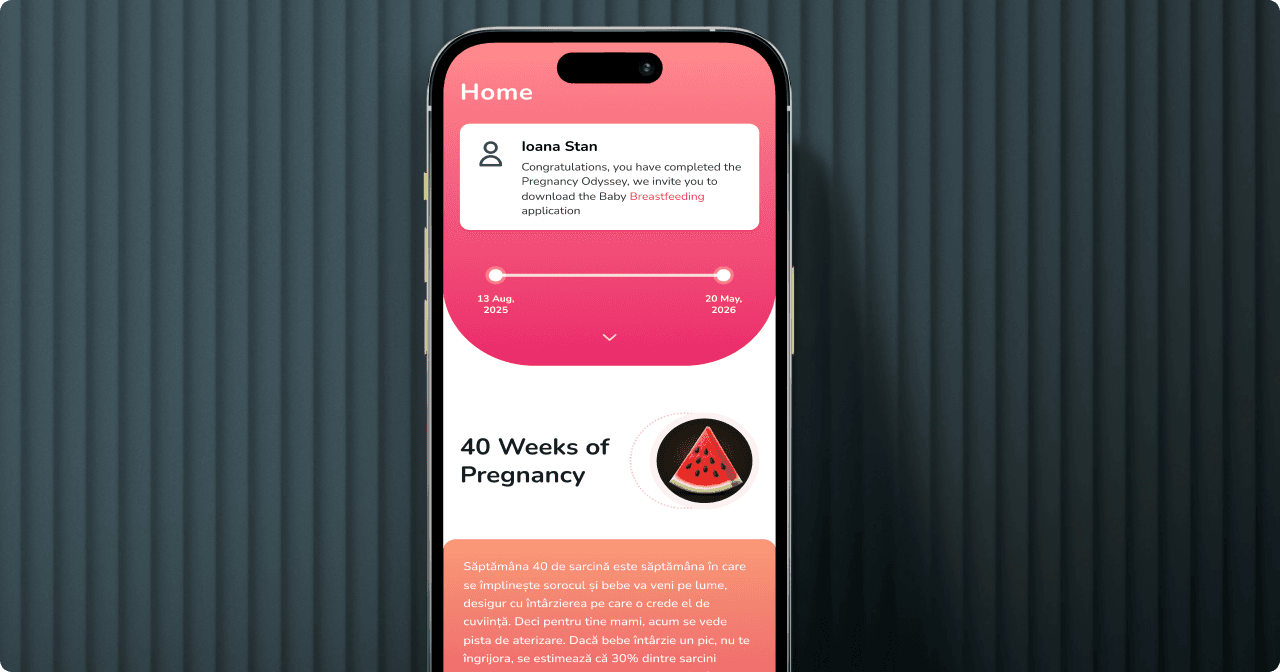 Odiseea Sarcinii pregnancy dashboard displayed on a phone