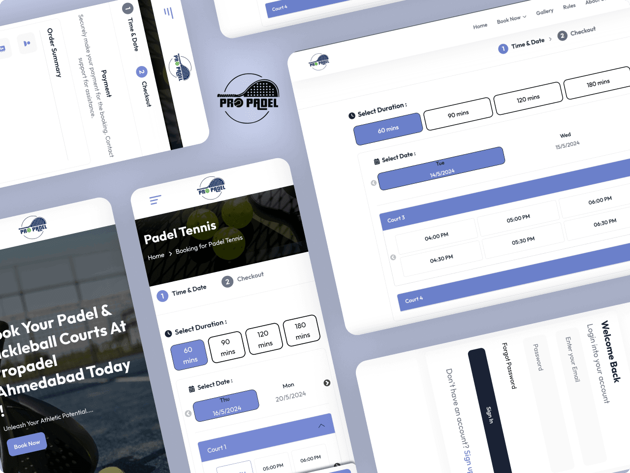 Pro Padel responsive booking screens across mobile and desktop