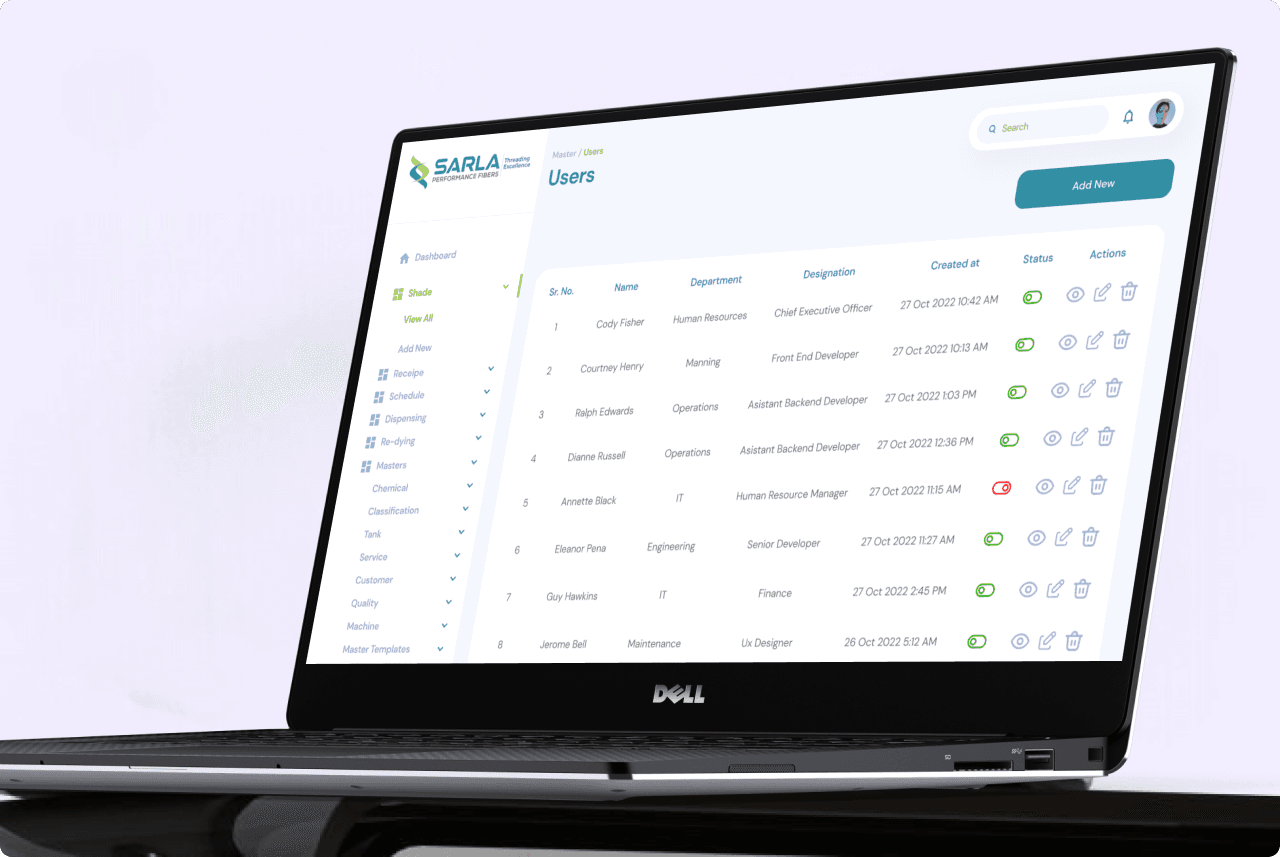 Sarla ERP user management interface displayed on a laptop