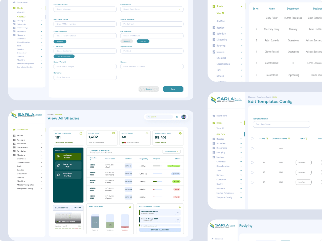 Collection of Sarla ERP dashboards, forms, and management screens