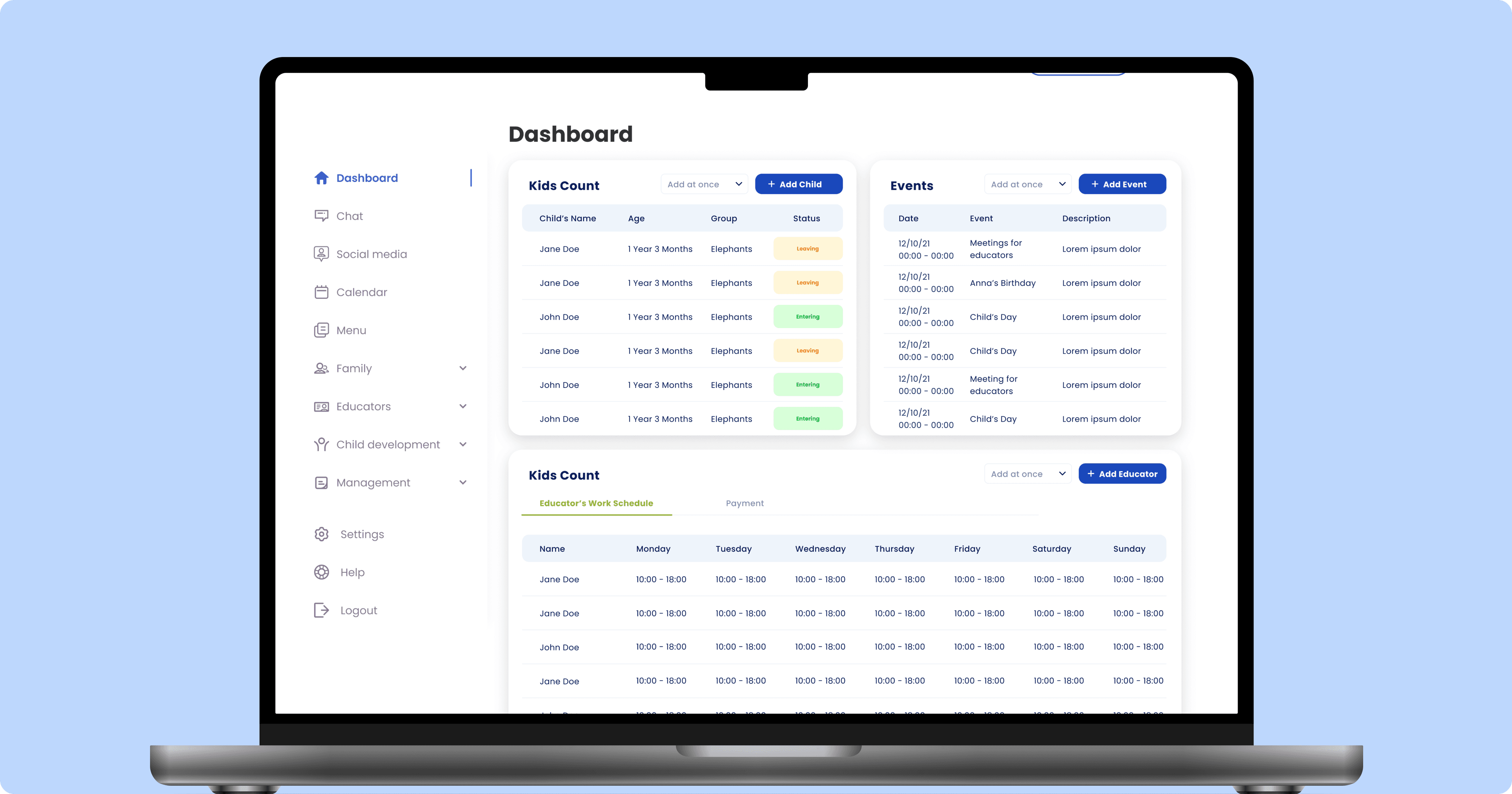 WonderKids childcare management dashboard on a laptop