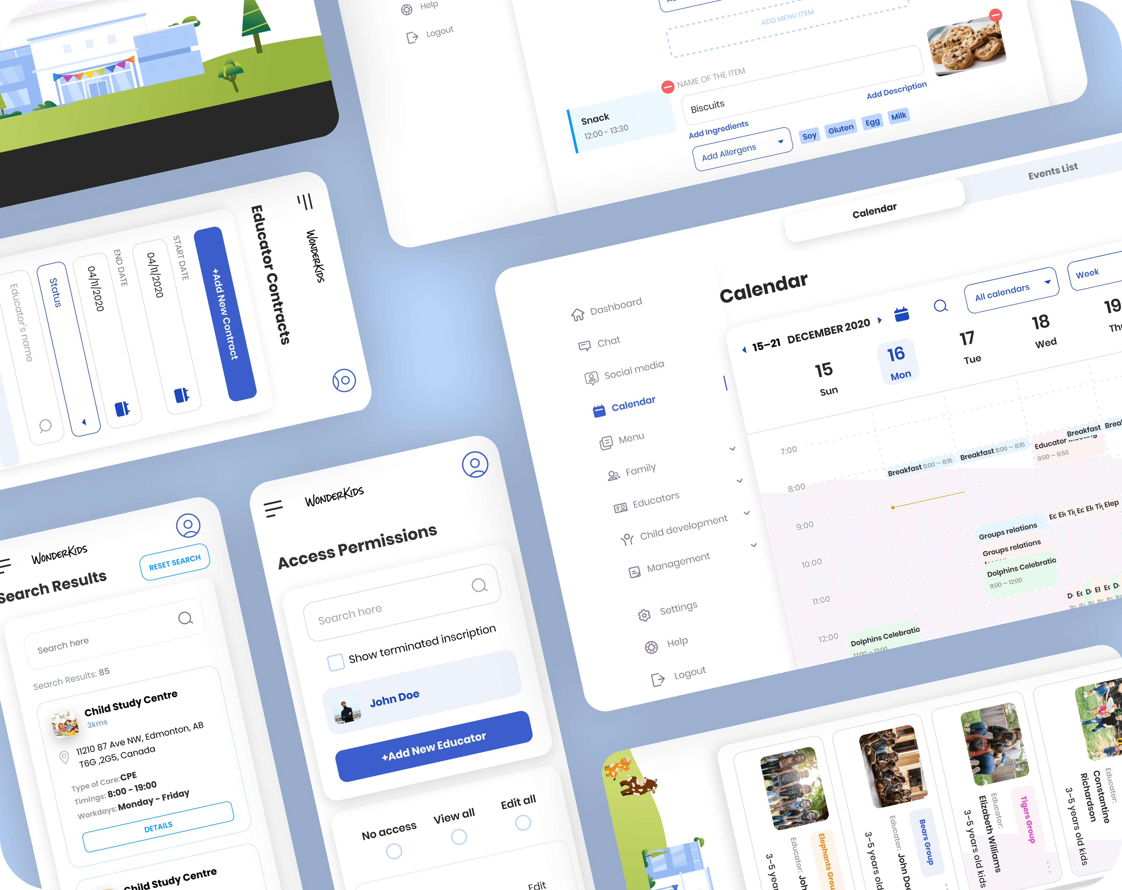WonderKids dashboard, calendar, menu, permissions, and search screens