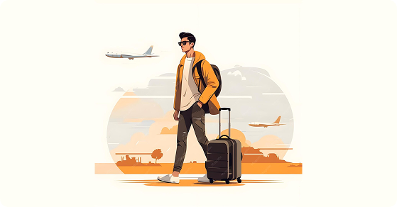 Traveler walking with luggage near an airport